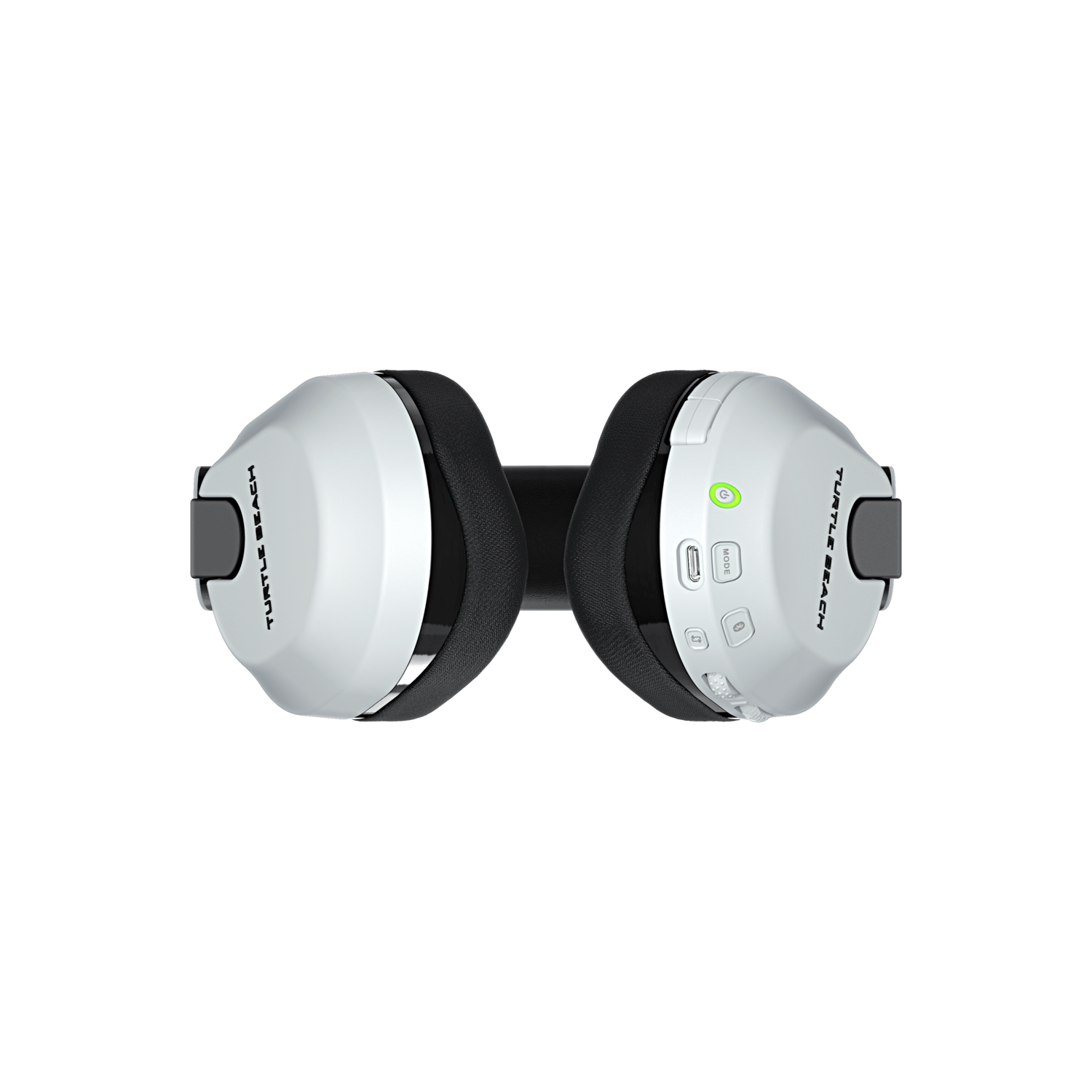 Witte Turtle Beach-koptelefoon, bovenaanzicht. Zwarte accenten en een groene aan/uit-knop.