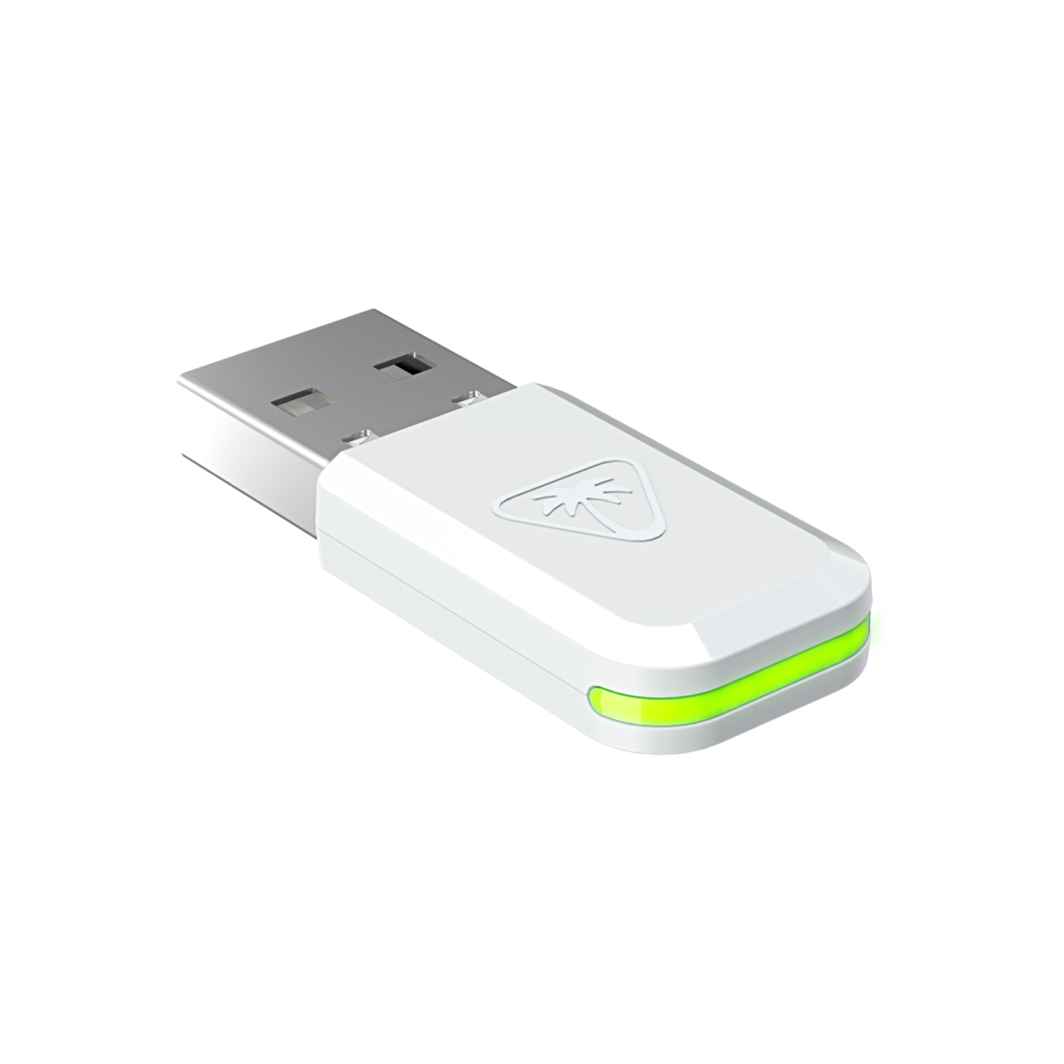 Een witte USB-dongle met een groen licht aan het einde.