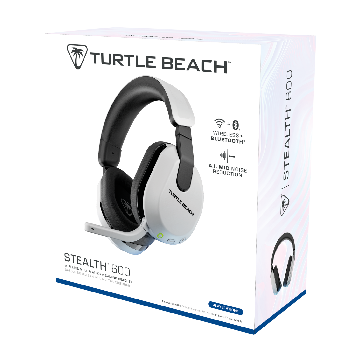 Een witte doos met een zwart-witte headset en de tekst 'Turtle Beach Stealth 600'.