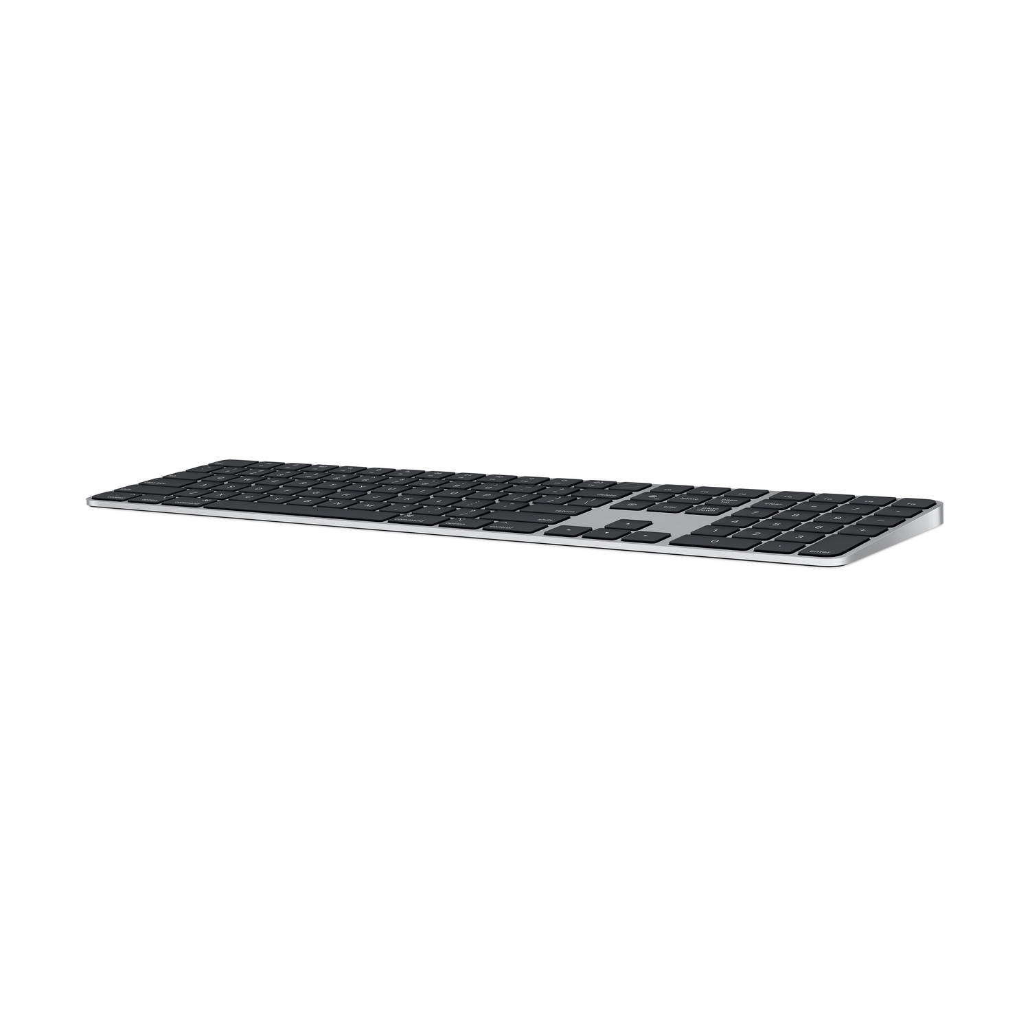 A silver keyboard on a white background. Keys are black.