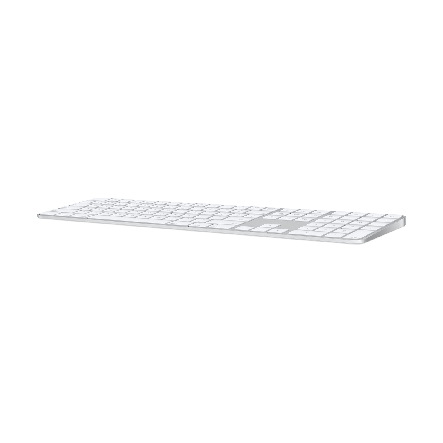 A silver, slim keyboard on a white background.