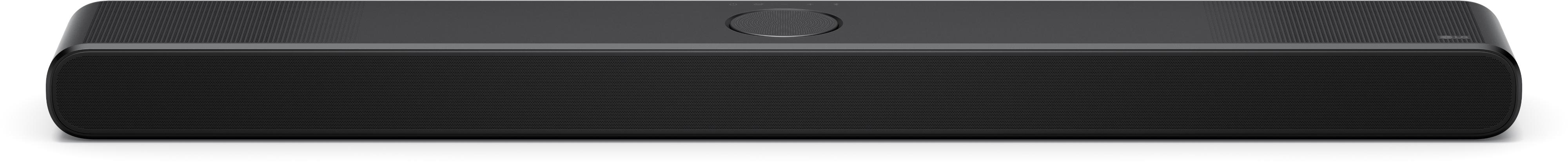 Schwarze Soundbar mit gewölbter Front und kleinem ovalem Knopf oben.