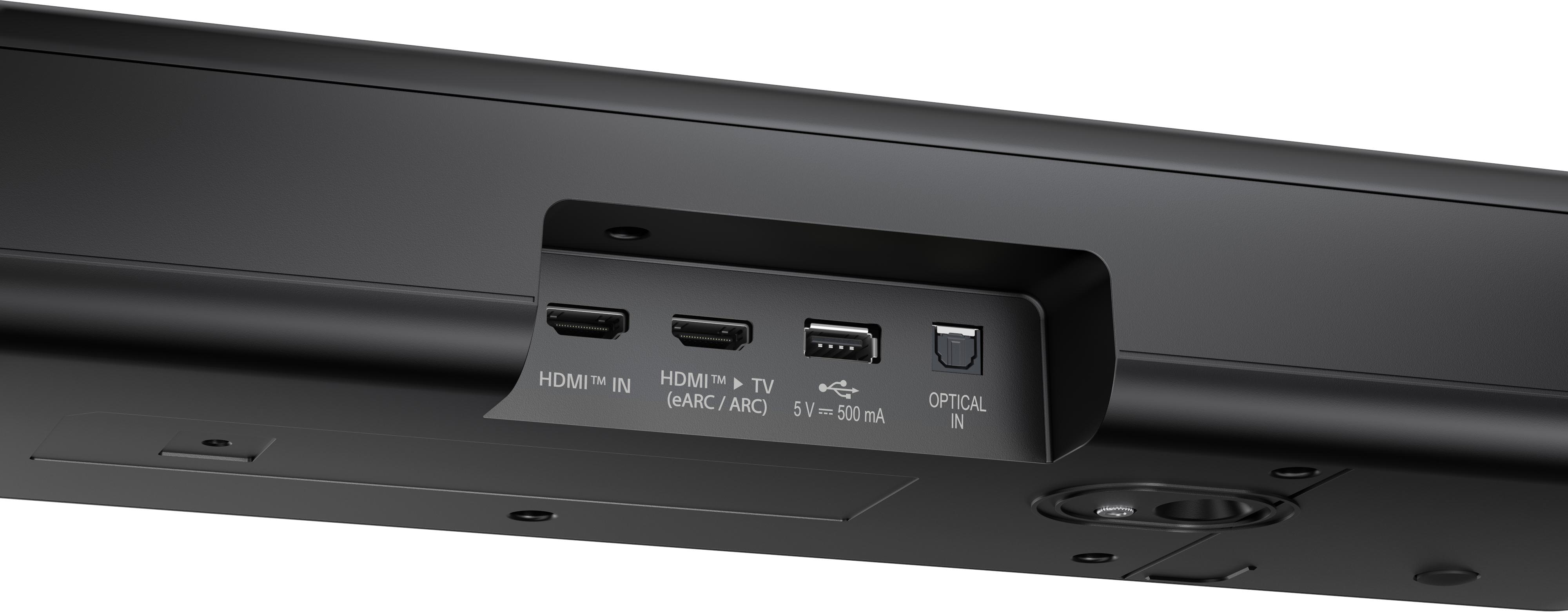 Schwarze Soundbar mit Anschlüssen HDMI, USB und Optical In. Angeschnittene Ansicht, Nahaufnahme.