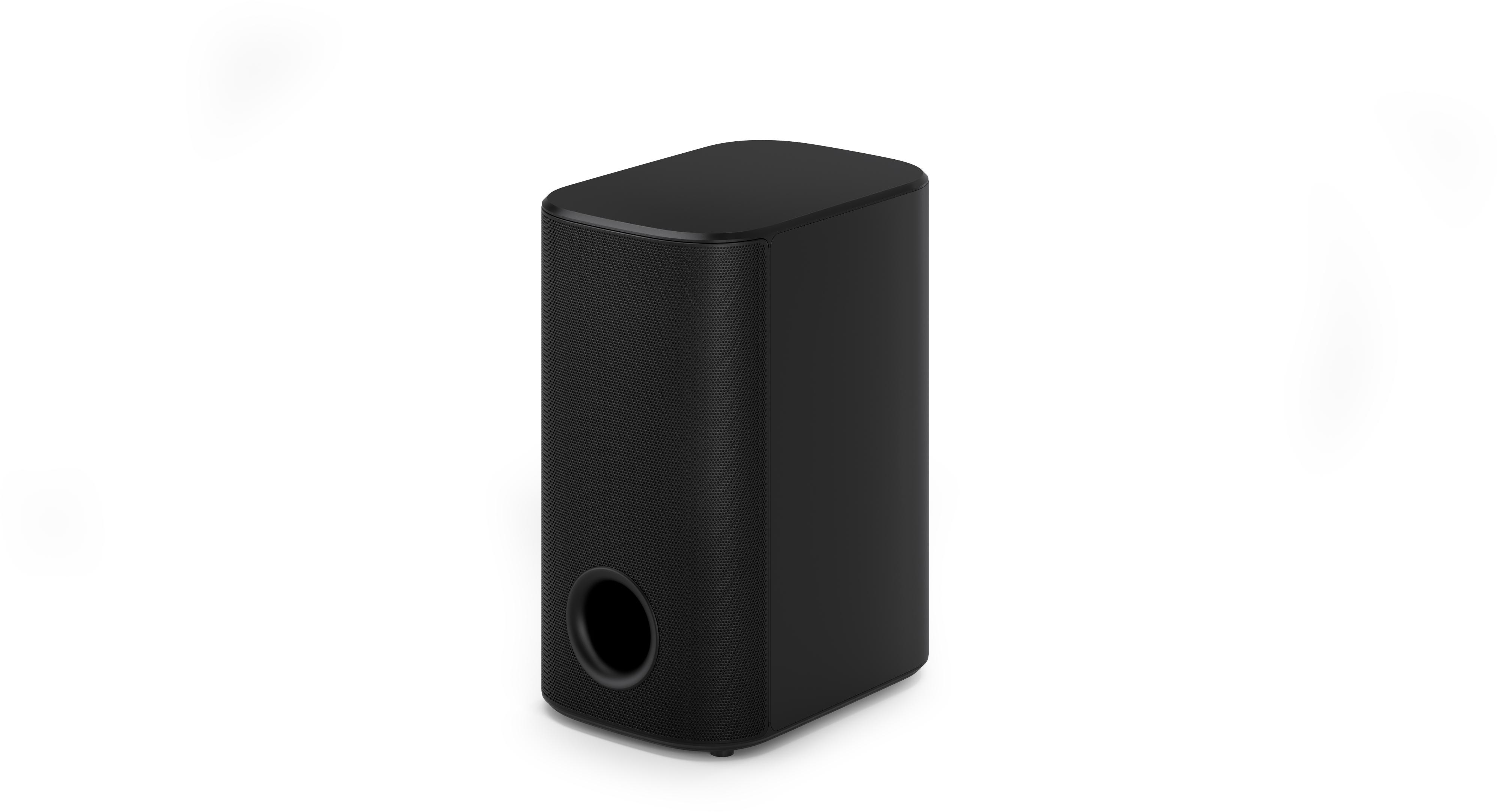 Schwarzer Subwoofer, rechteckige Form, mit kreisförmiger Öffnung an der Seite, auf weißem Grund.