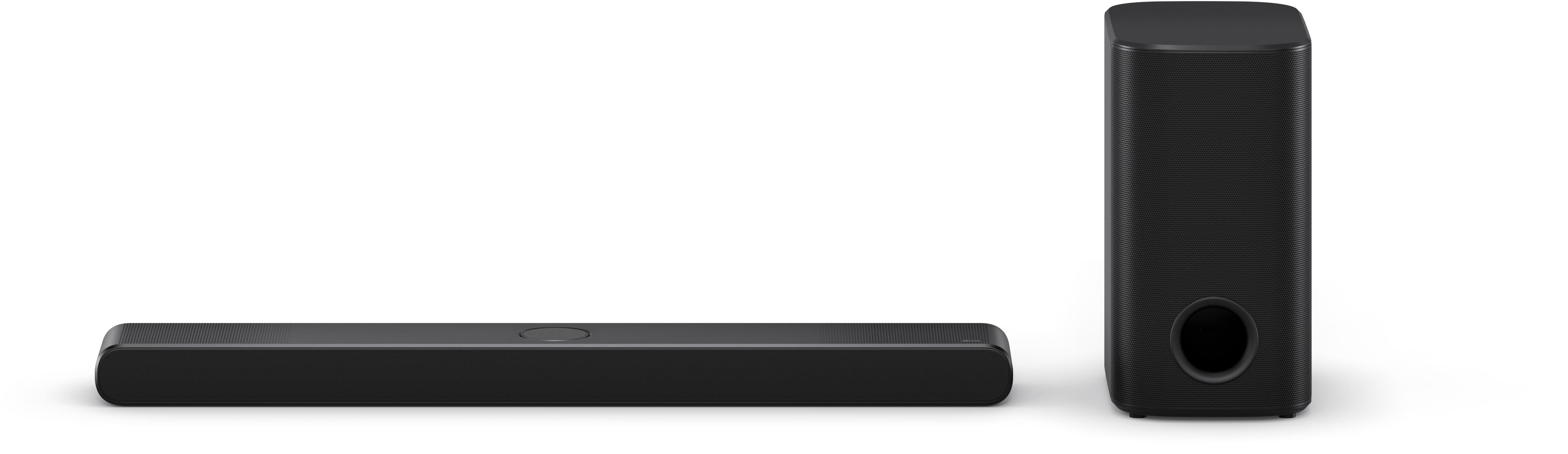 Eine schwarze Soundbar und ein Subwoofer auf weißem Hintergrund, nebeneinander angeordnet.