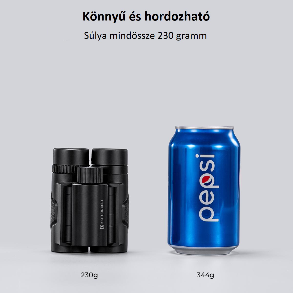 Távcső és Pepsi doboz. Magyar nyelvű szöveg. A háttér világosszürke.