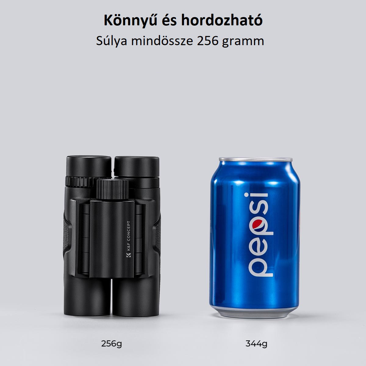 Távcső és Pepsi doboz fehér háttérrel. A távcső fekete. A doboz kék.