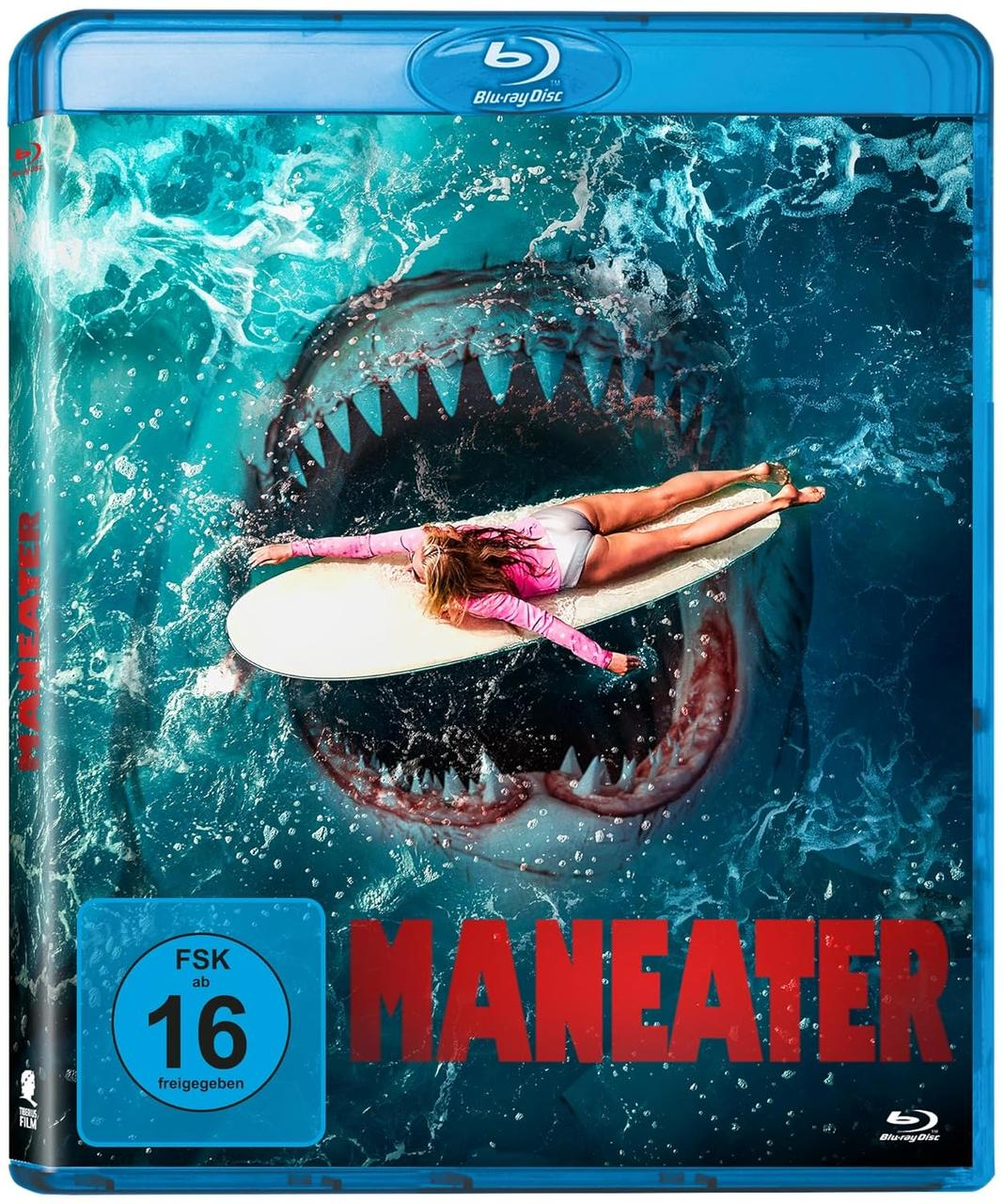 Eine Blu-ray Disc Hülle mit einem Hai, der eine Frau auf einem Surfbrett angreift. Die Hülle ist blau.