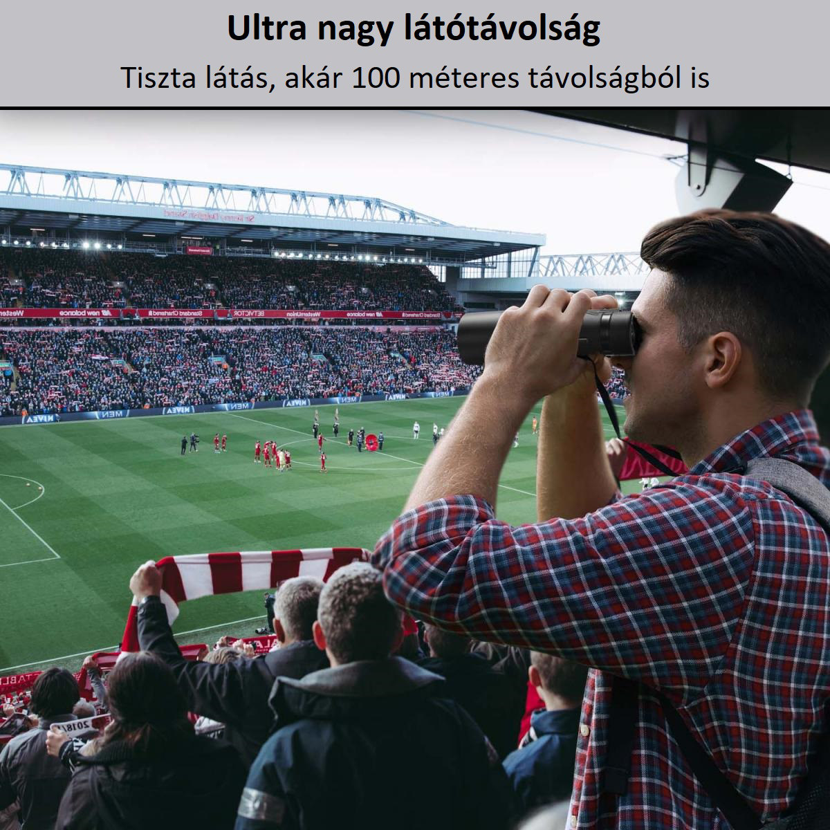 Férfi távcsővel nézi a focimeccset, emberek a lelátón.