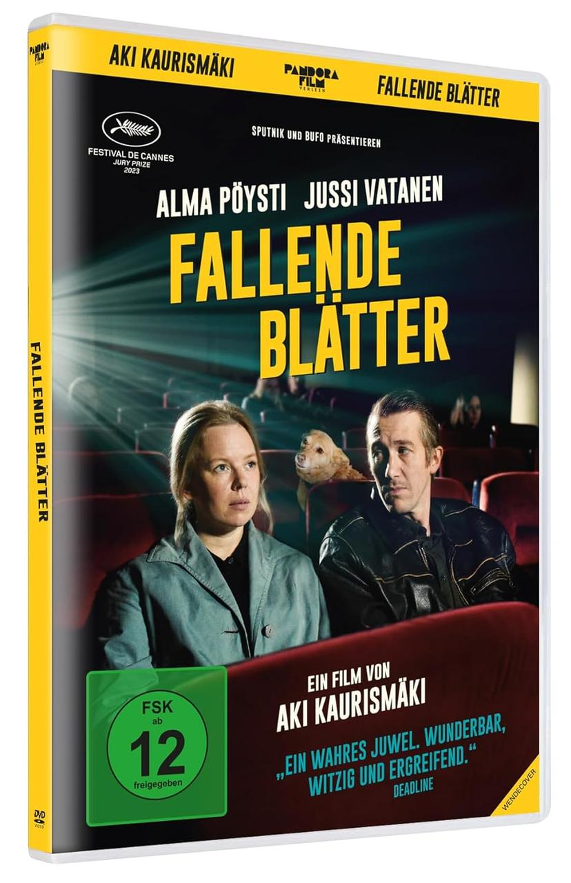 DVD-Cover mit zwei Personen und einem Hund im Kino.