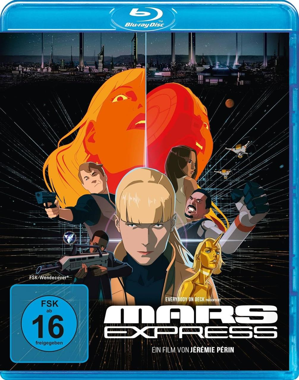 Blu-ray-Disc-Cover mit animierten Charakteren und futuristischem Stadt-Hintergrund. Titel 'Mars Express'.