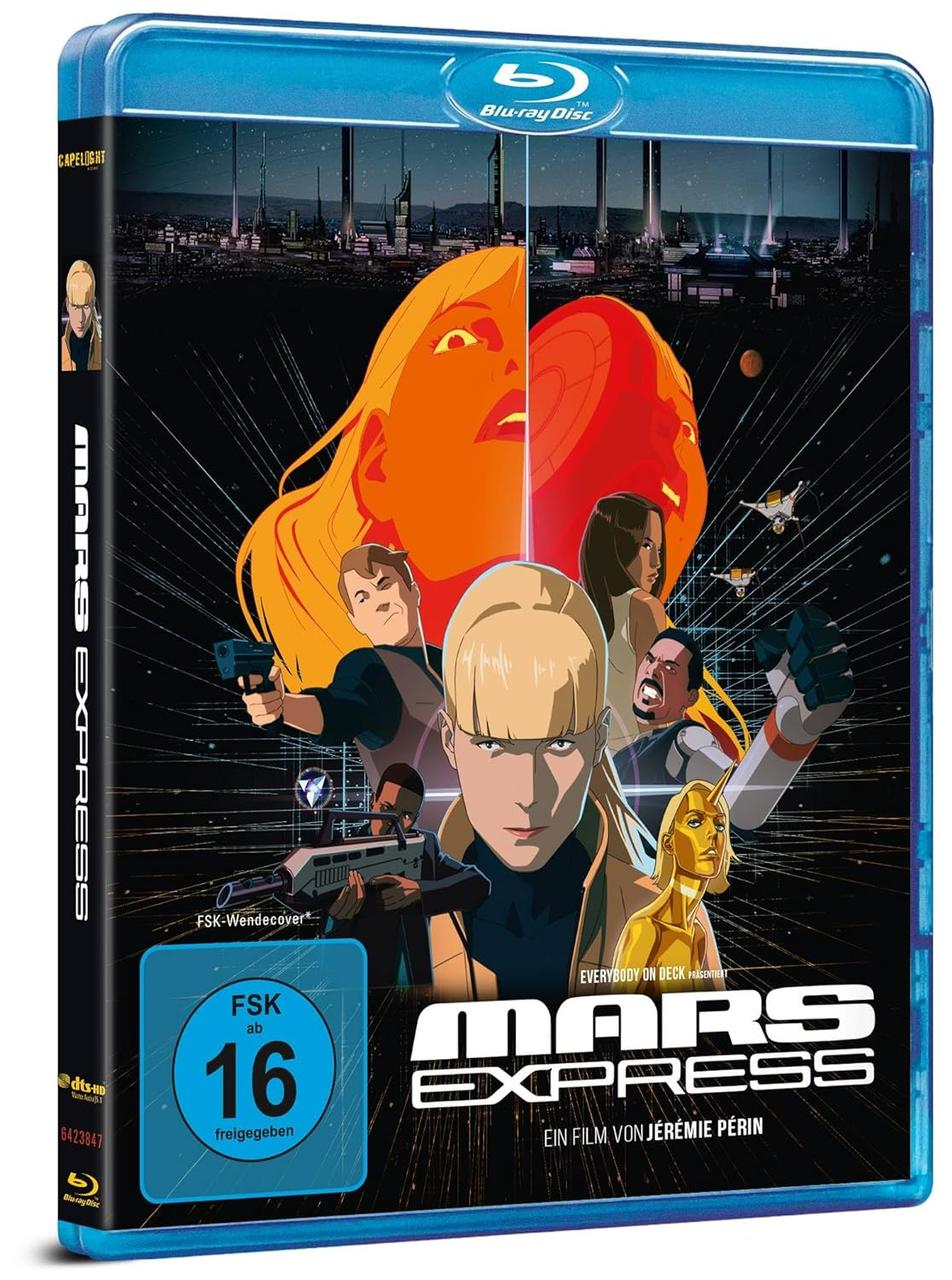 Blu-ray-Filmcover für Mars Express. Enthält animierte Charaktere und Titel.