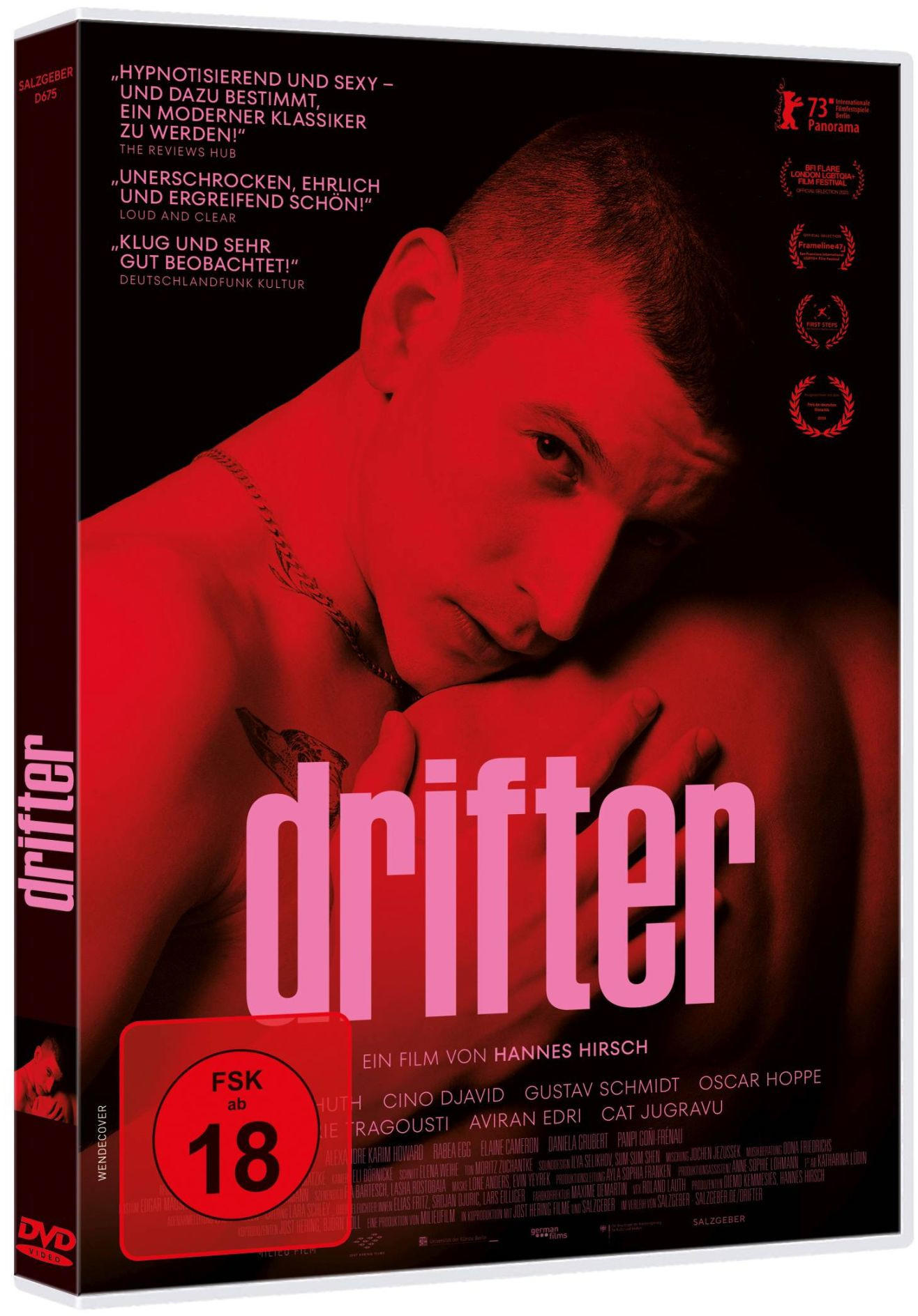 DVD-Cover für 'Drifter'. Roter Hintergrund mit einem Männergesicht und Text.