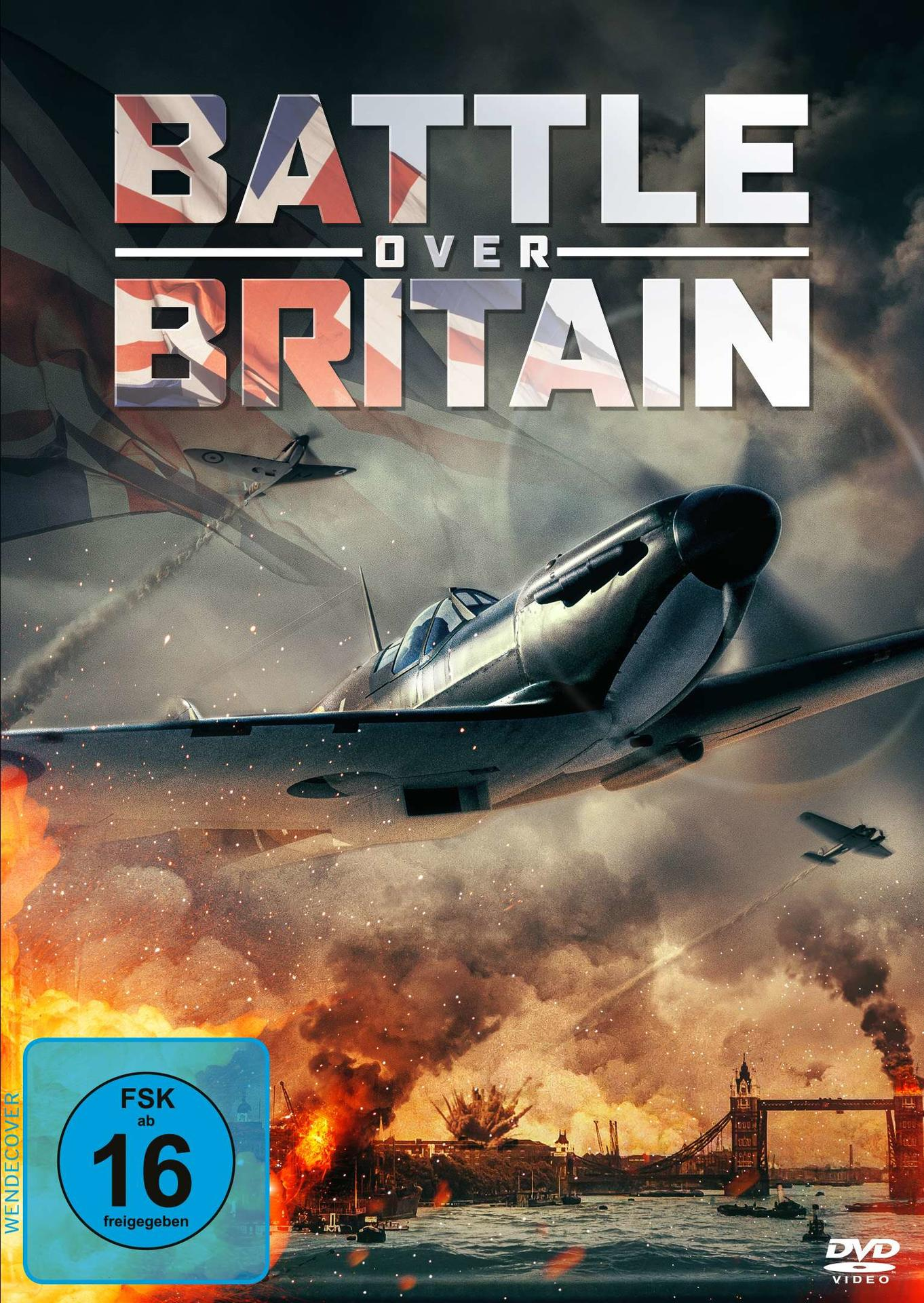 Filmplakat: Battle Over Britain. Spitfire-Flugzeug fliegt. Rauch, brennende Gebäude und die Londoner Skyline.