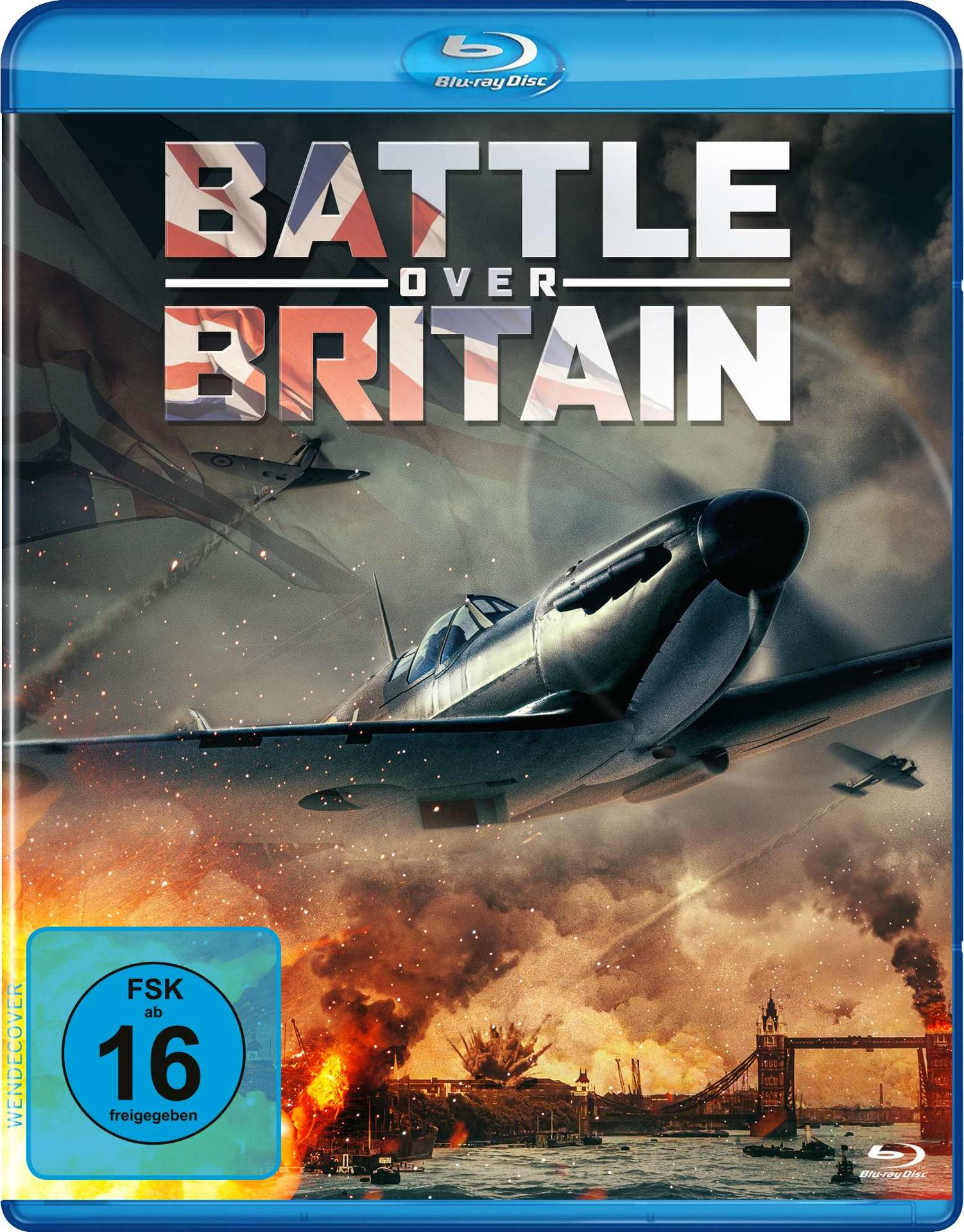 Blu-ray-Cover: Kriegsszene, Flugzeug im Flug, Feuer und Rauch. Titel: Battle Over Britain.