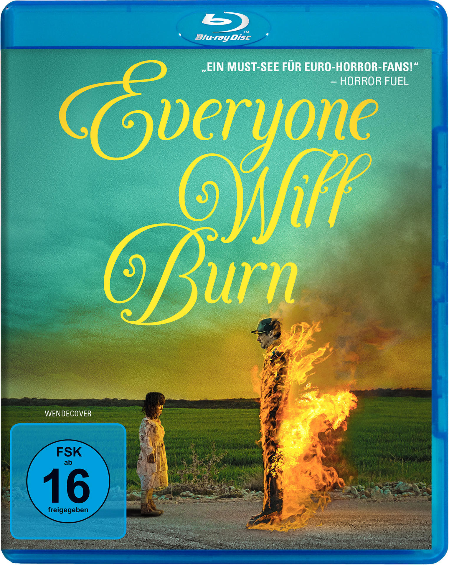 Blu-ray-Cover von 'Everyone Will Burn' mit brennender Person und Mädchen.