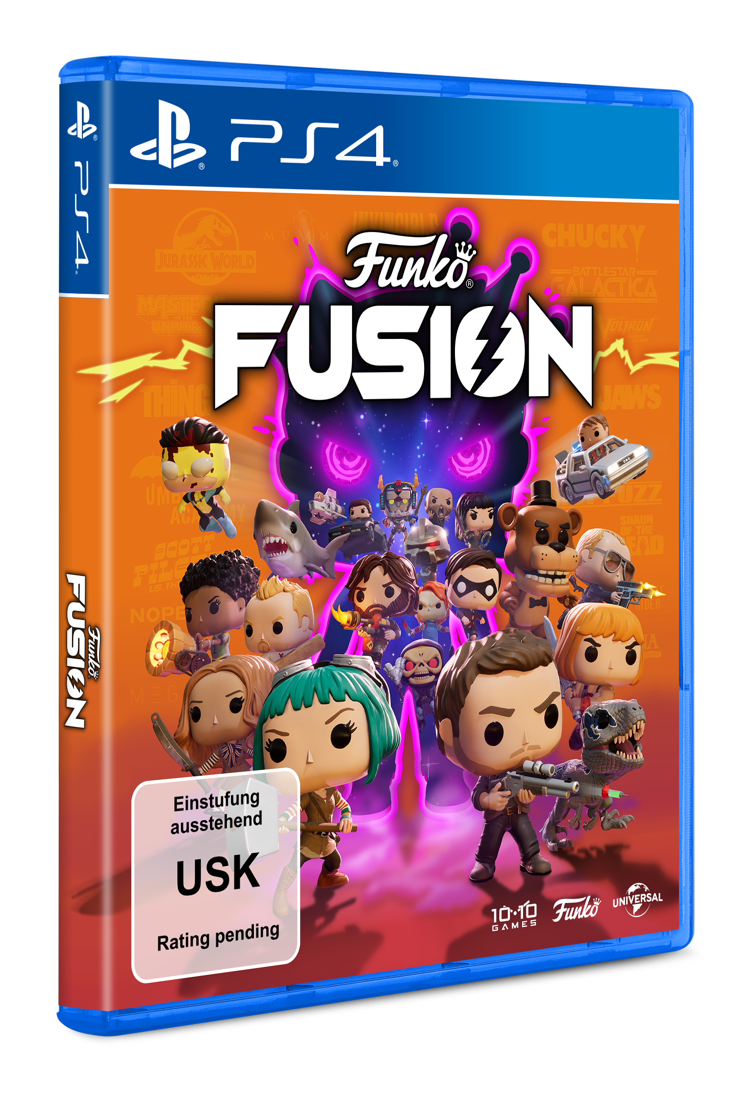 Funko Fusion PS4 Spielhülle. Orangefarbener Umschlag mit Charakterillustrationen, USK-Einstufung und Funko-Logo.