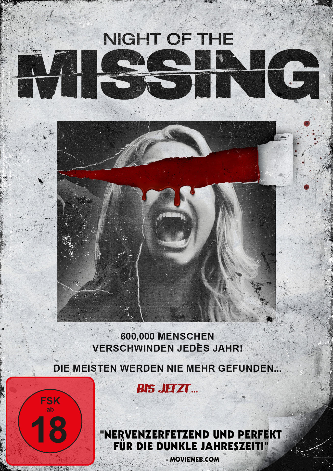 Filmposter mit schreiender Frau und zerrissenem Papier. Text lautet 'NIGHT OF THE MISSING'.