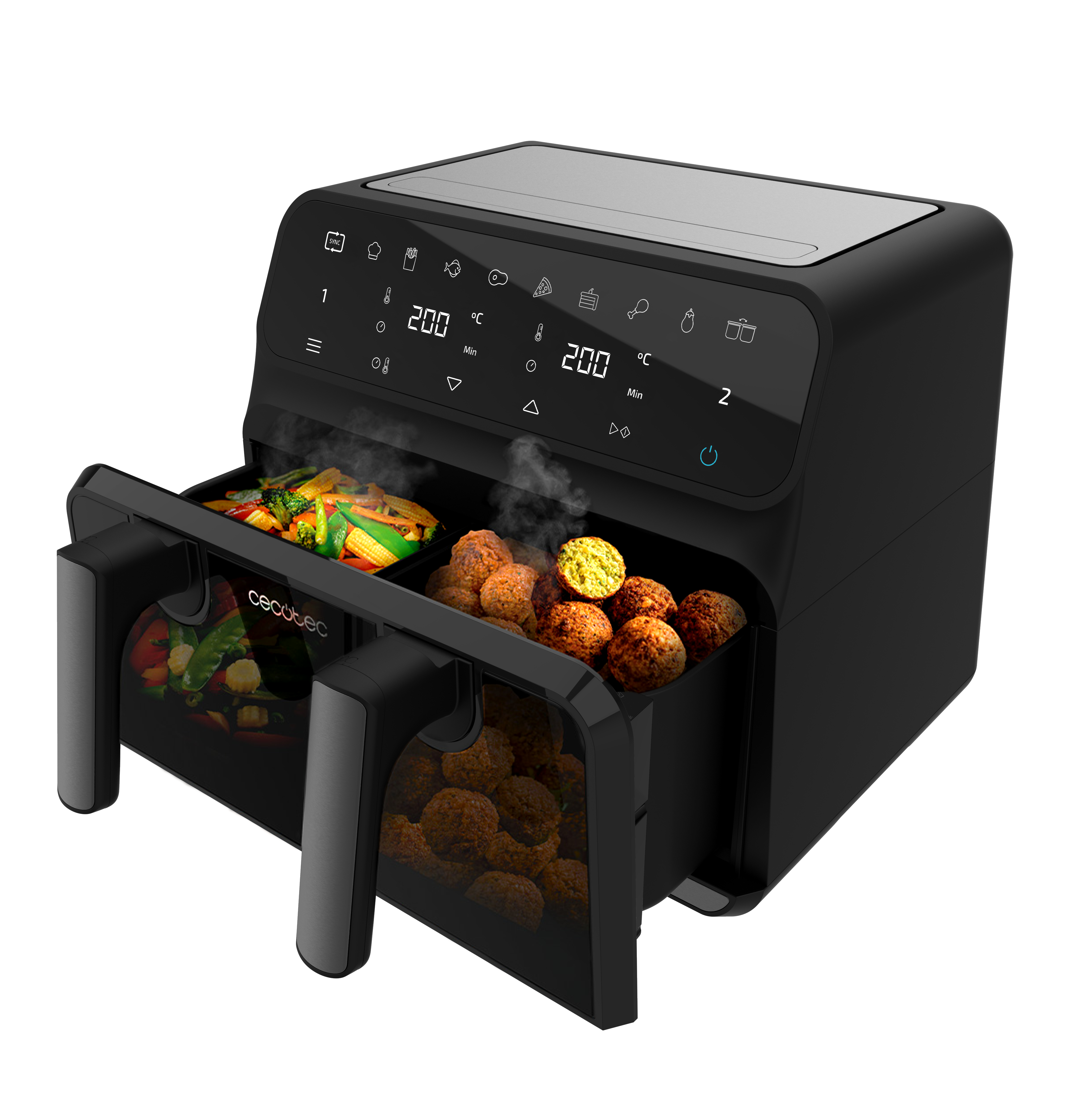Una freidora de aire negra con cajones abiertos, mostrando comida cocinada y pantalla digital.