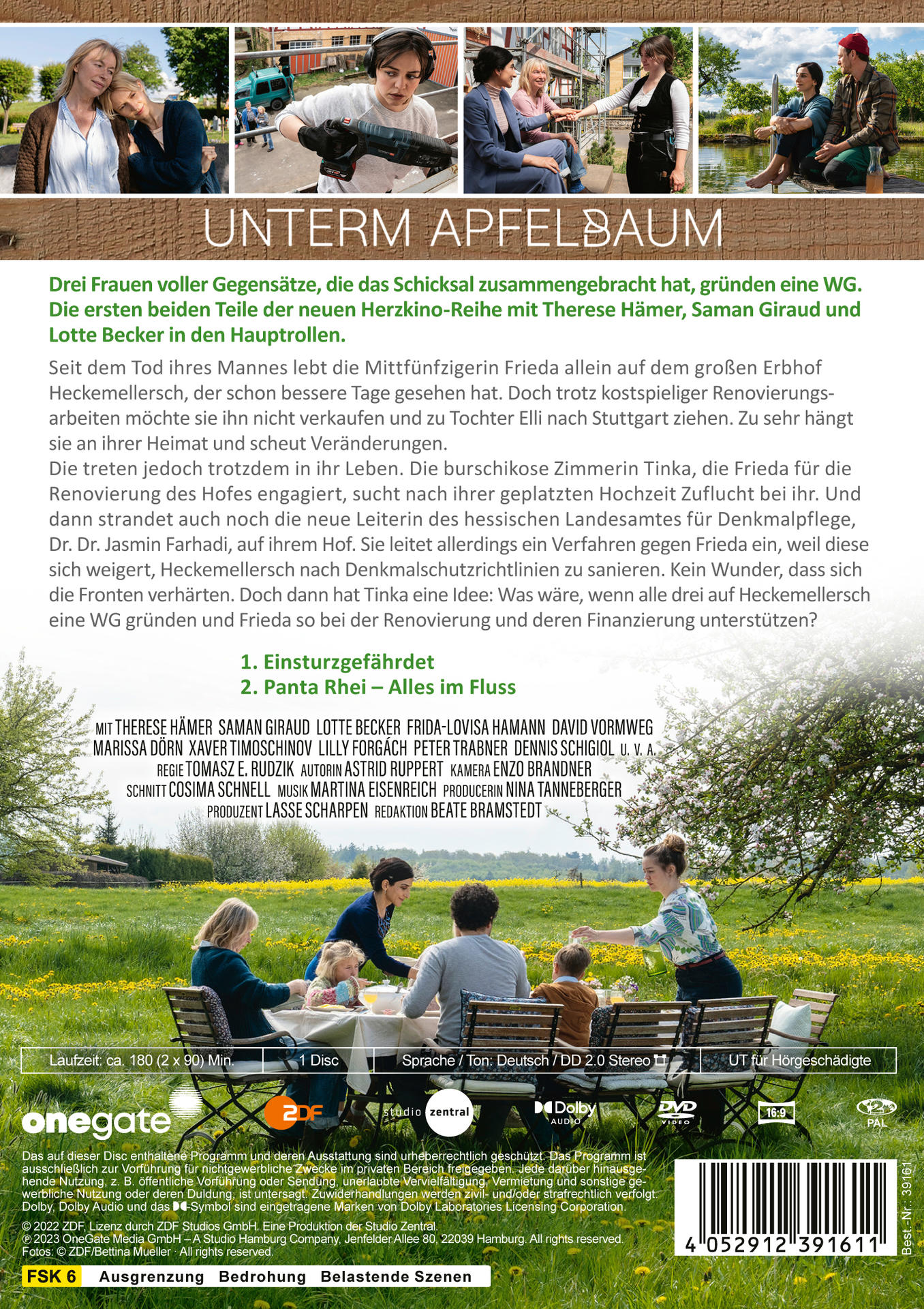 Rückseite einer DVD-Hülle mit Text und Bildern von Personen. Weißer Hintergrund.
