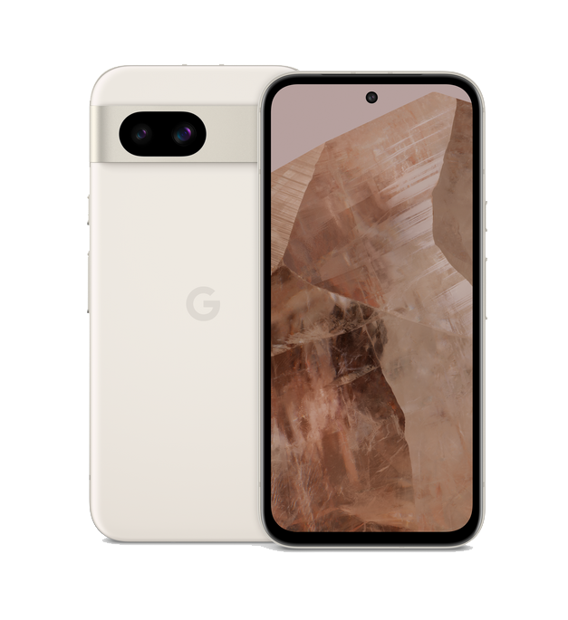 Teléfono Google Pixel 7a, color crema, vista frontal y trasera. Aislado sobre fondo blanco.