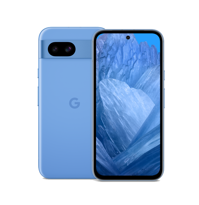 Teléfono azul con vista trasera y frontal, mostrando la pantalla. La parte trasera es azul con el logo de Google.