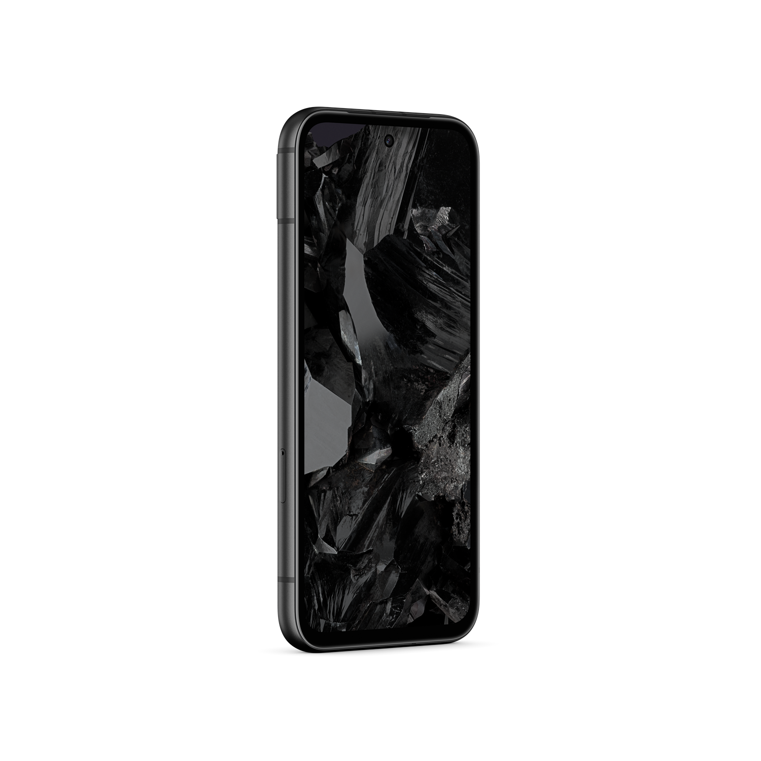 Teléfono negro, vista lateral, con una pantalla oscura. La pantalla tiene un patrón.
