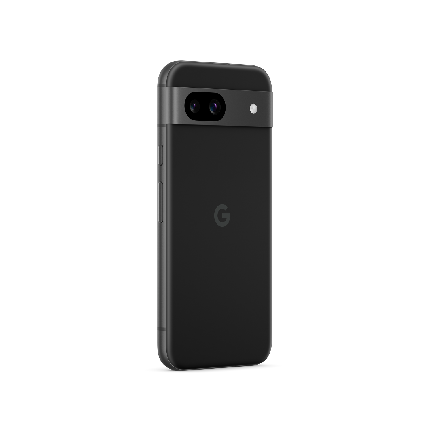Una funda negra para teléfono sobre un fondo negro. Tiene una protuberancia para la cámara y un logotipo G.