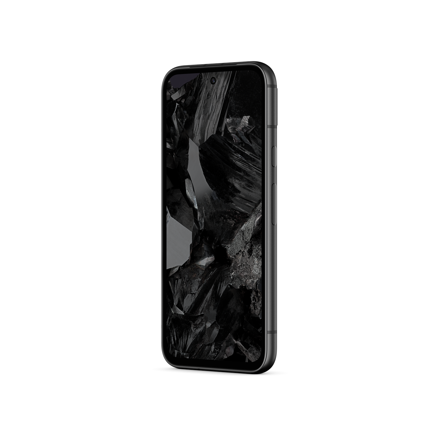 Smartphone negro en posición vertical, la pantalla muestra una imagen abstracta reflectante.