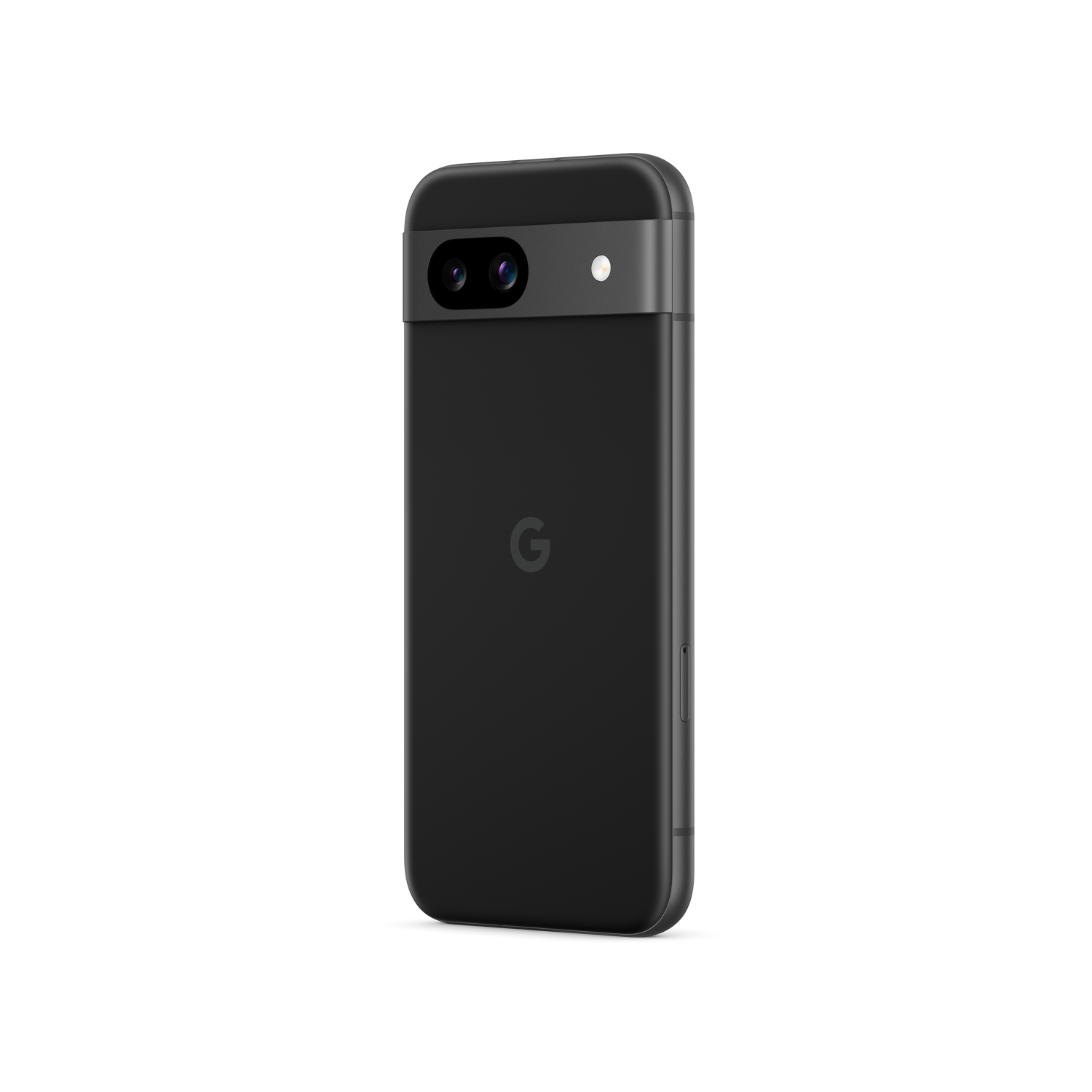 Teléfono Google negro con barra de cámara gris. El logo de Google está en la parte trasera.