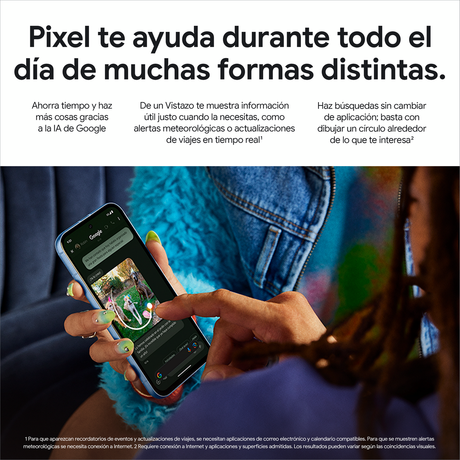 Una persona usa un teléfono Pixel. El teléfono muestra una pantalla con texto e imágenes.