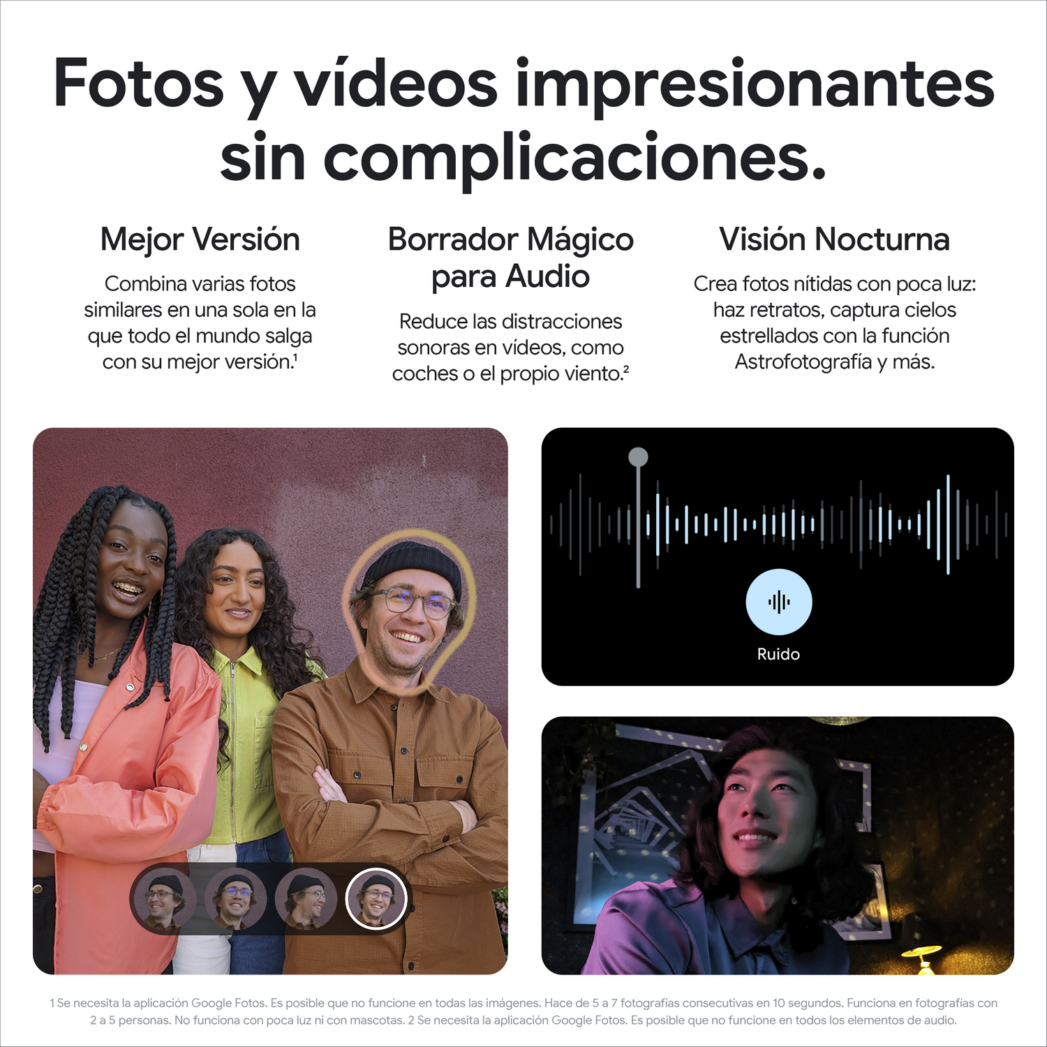 Anuncio con fotos y texto que describe funciones de foto y video para un dispositivo.
