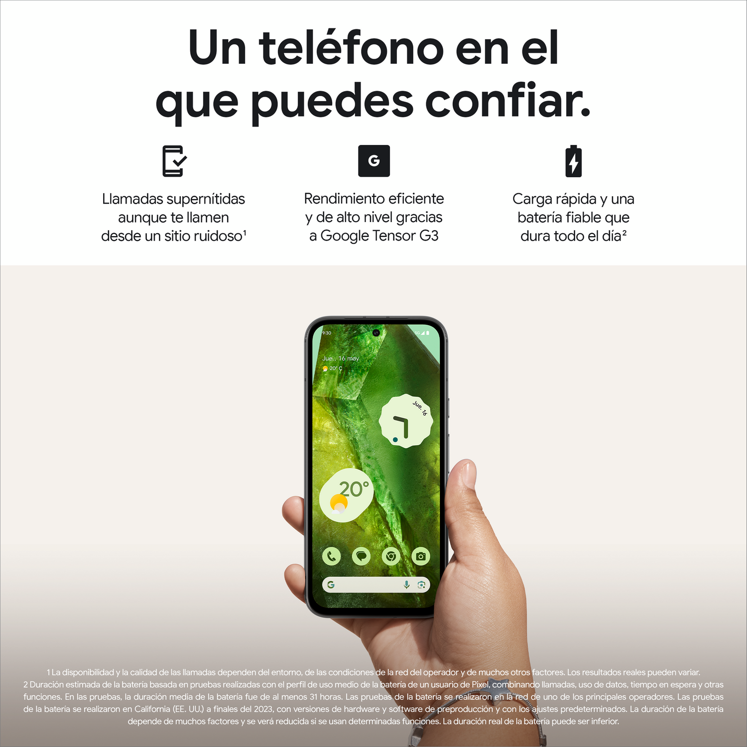 Una persona sosteniendo un teléfono; la pantalla muestra un paisaje verde con una lectura de temperatura de 20 grados.