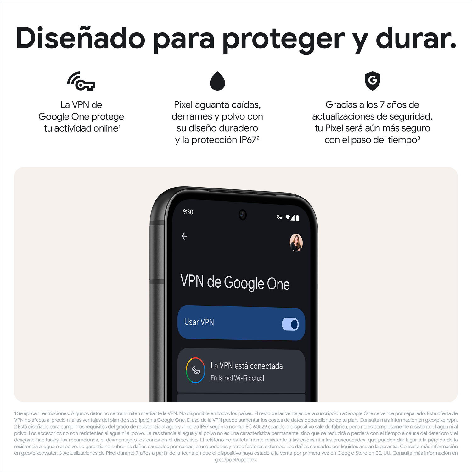 Un teléfono con la interfaz VPN de Google One. El teléfono es negro y tiene pantalla curva.
