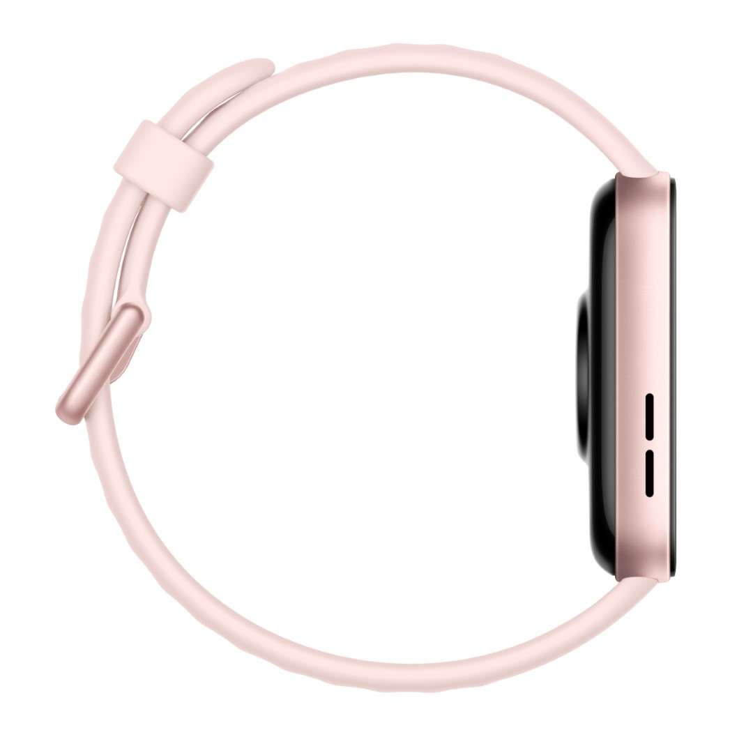 Widok z boku różowego smartwatcha z różowym paskiem, pokazujący tarczę zegarka.