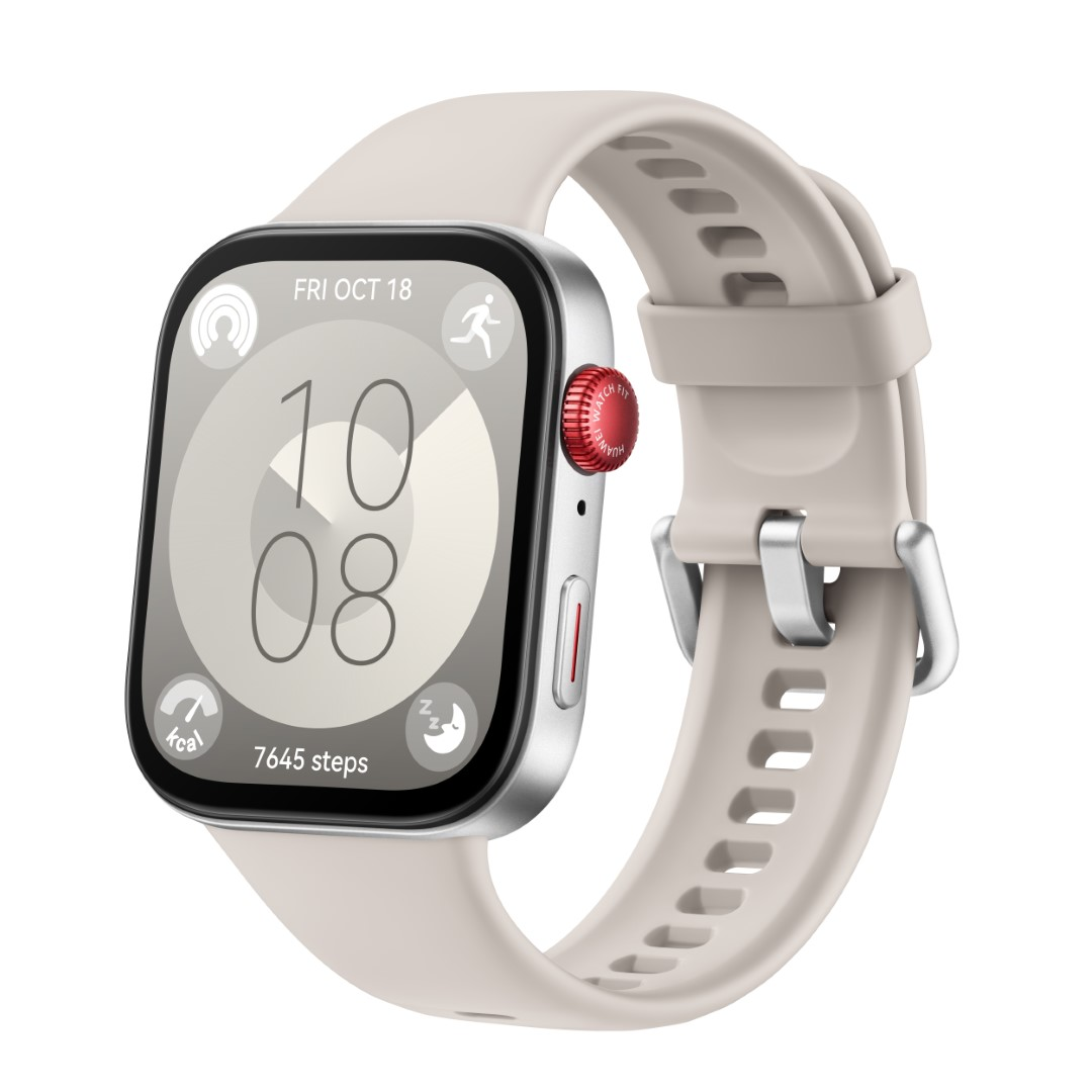 Smartwatch z okrągłym wyświetlaczem i beżowym paskiem. Zegarek pokazuje datę i godzinę.