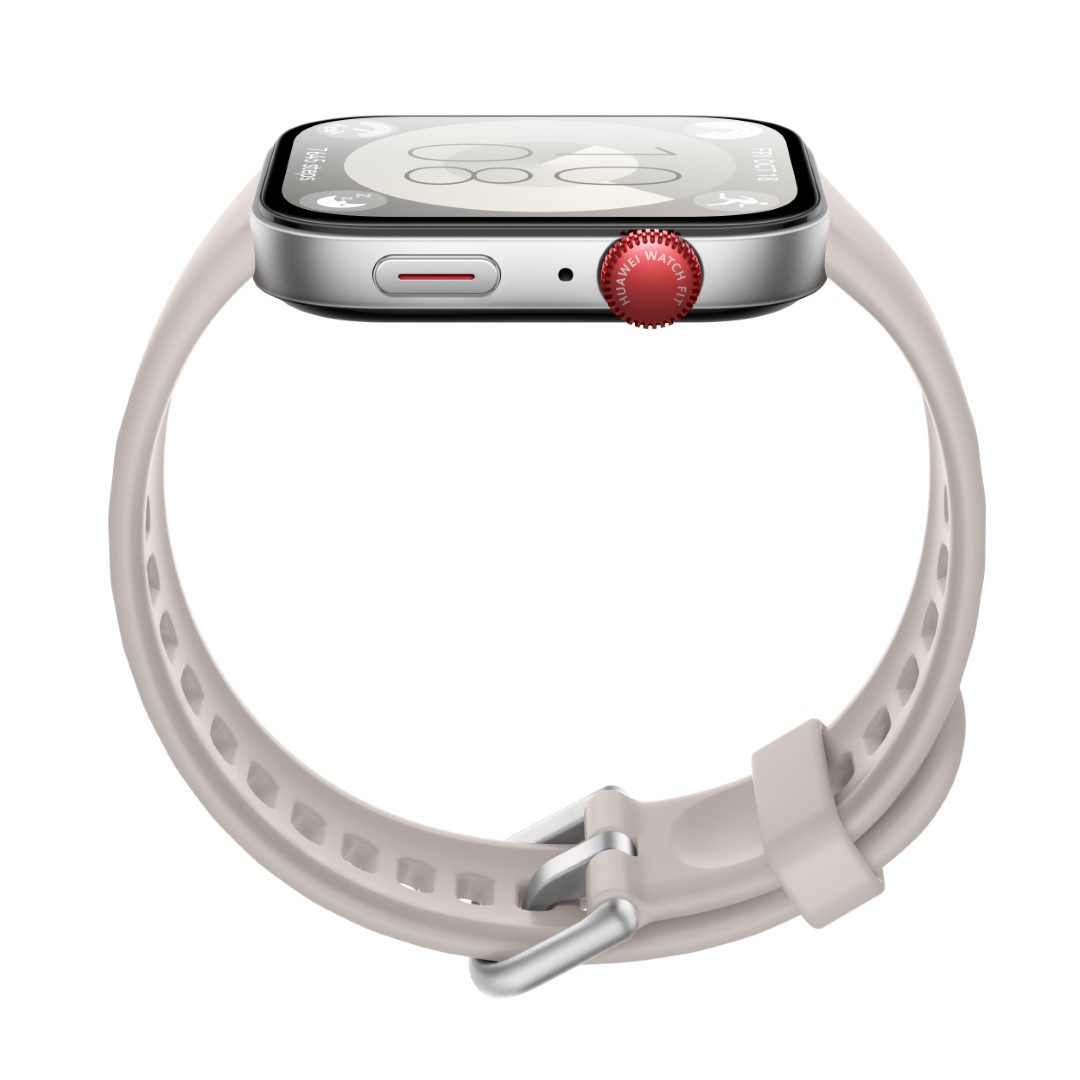 Smartwatch z beżowym paskiem, czerwonym przyciskiem i cyfrowym wyświetlaczem.