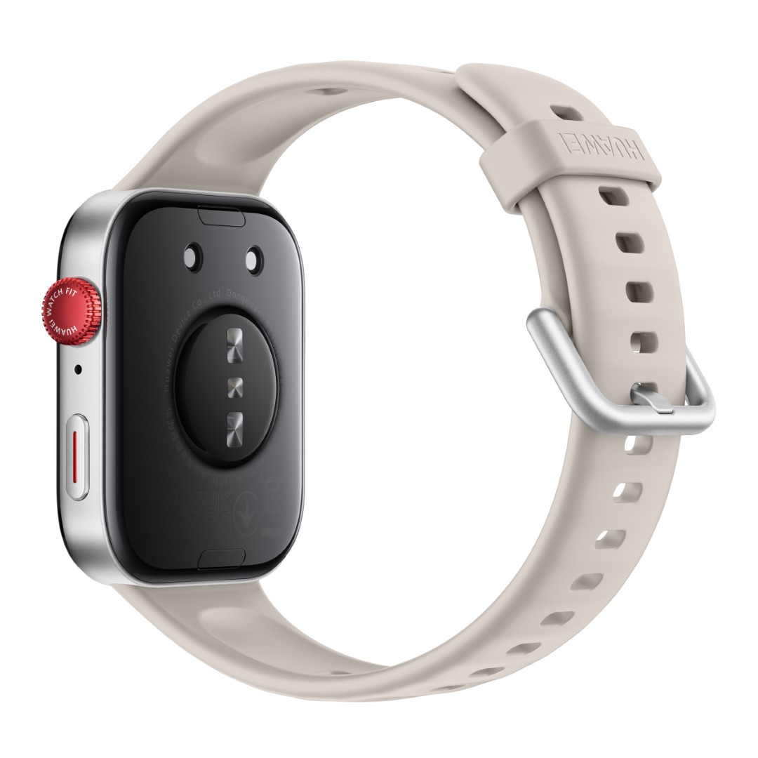 Smartwatch z jasnym paskiem i czerwonym przyciskiem z boku. Białe tło.