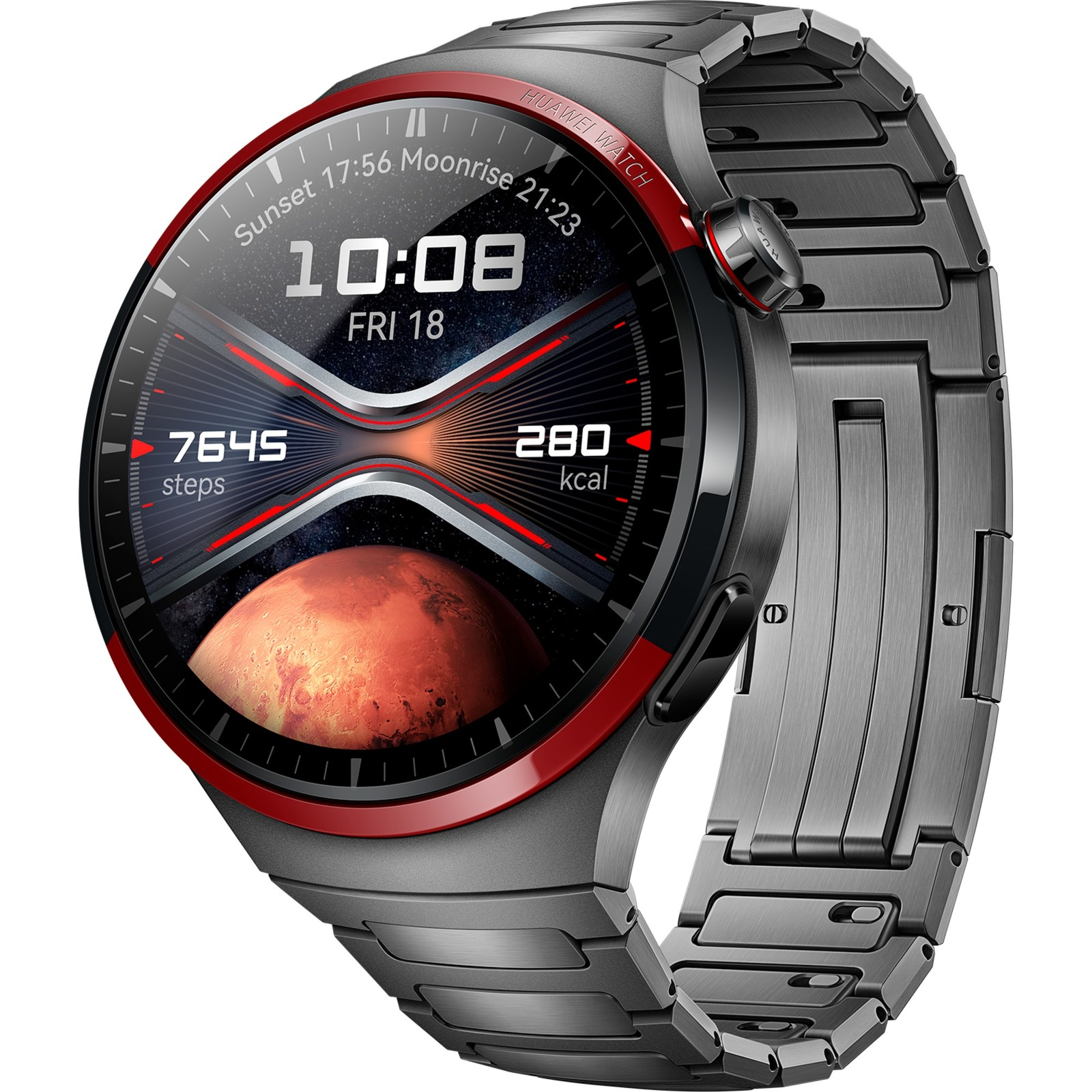 Srebrny smartwatch z czarnym ekranem wyświetlającym kroki, kalorie i czas, z czerwoną obwódką.