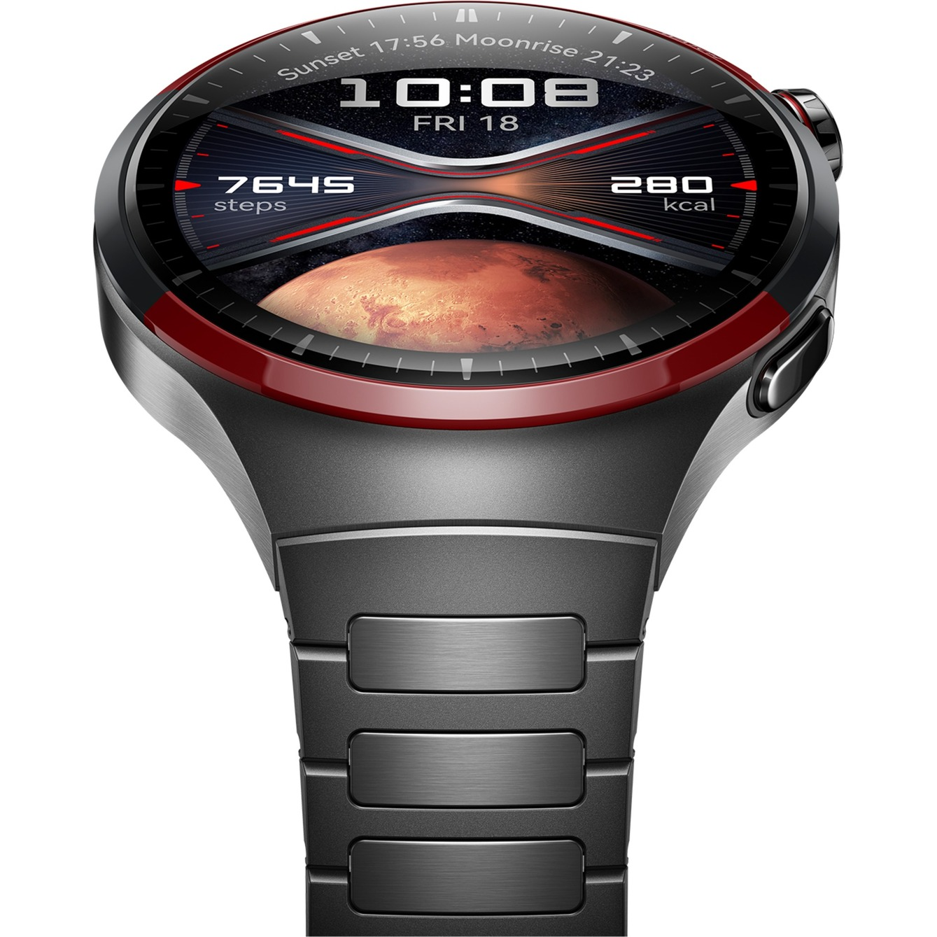 Czarny smartwatch z czerwonym pierścieniem, pokazujący czas, kroki i kalorie, z Marsem na ekranie.