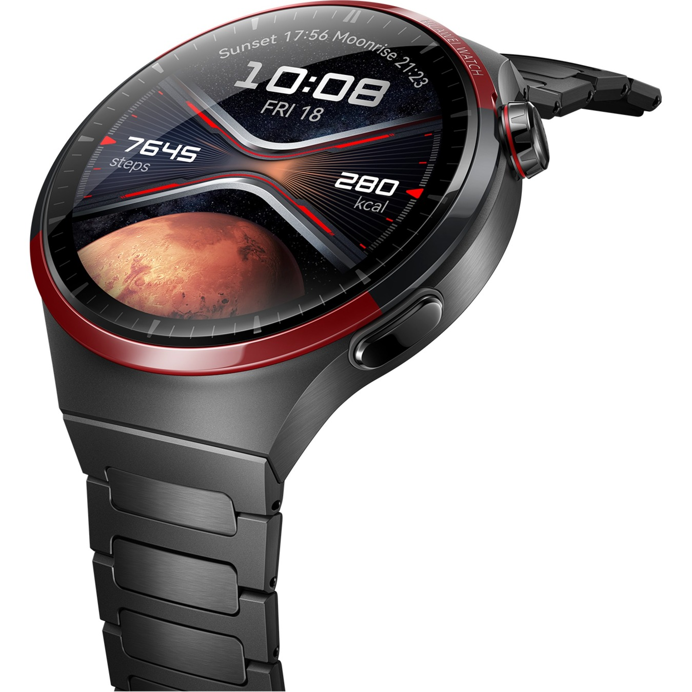 Czarny i czerwony smartwatch z okrągłym wyświetlaczem pokazującym czas, kroki, kalorie i obraz Marsa.
