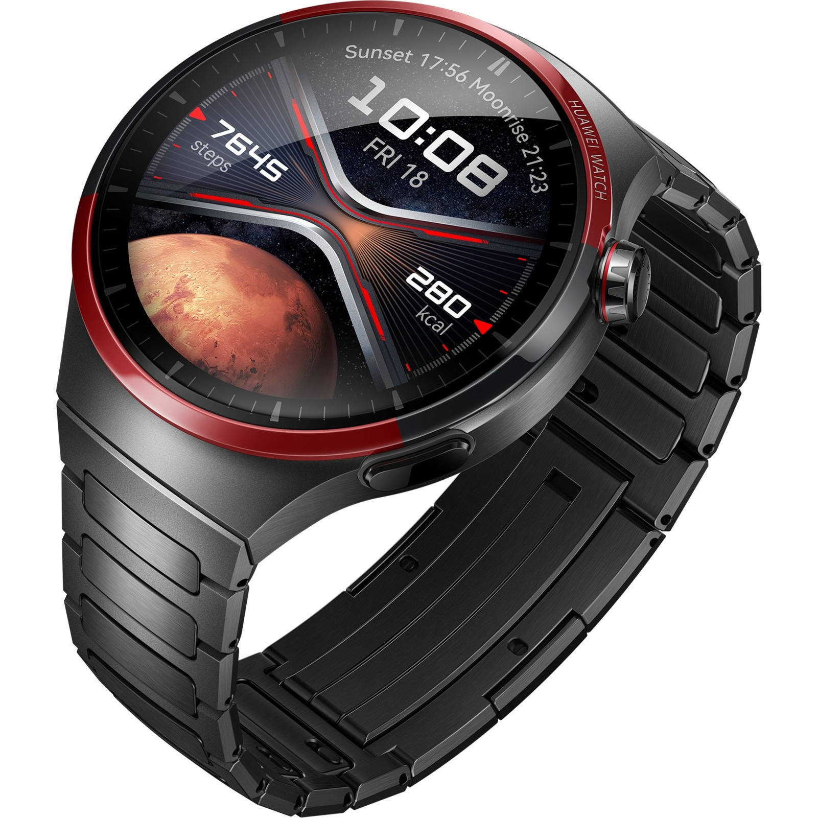 Czarny smartwatch z czerwoną ramką wyświetla czas i kroki. Pasek jest z czarnego metalu.