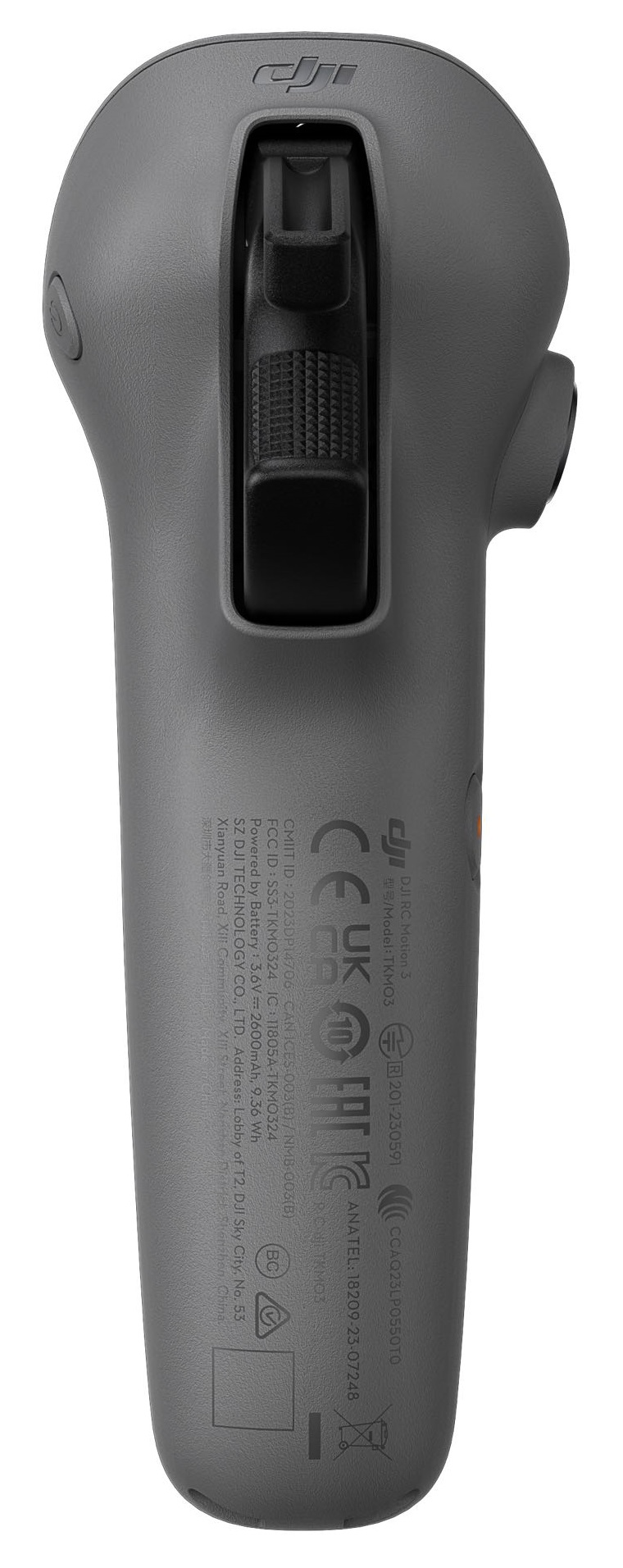 Szary kontroler drona. Zawiera różne przyciski, etykiety i joystick sterowania.