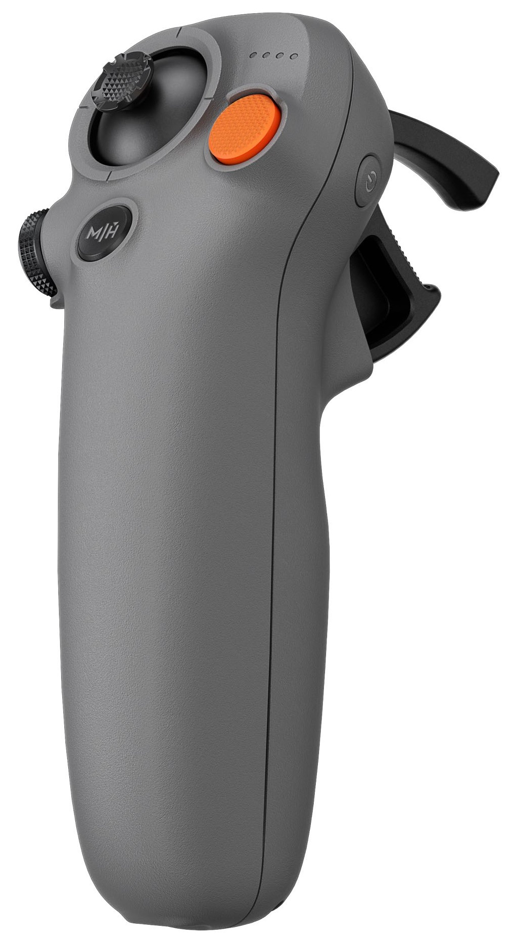 Szary kontroler drona z przyciskami i joystickiem. Widoczny jest pomarańczowy przycisk.