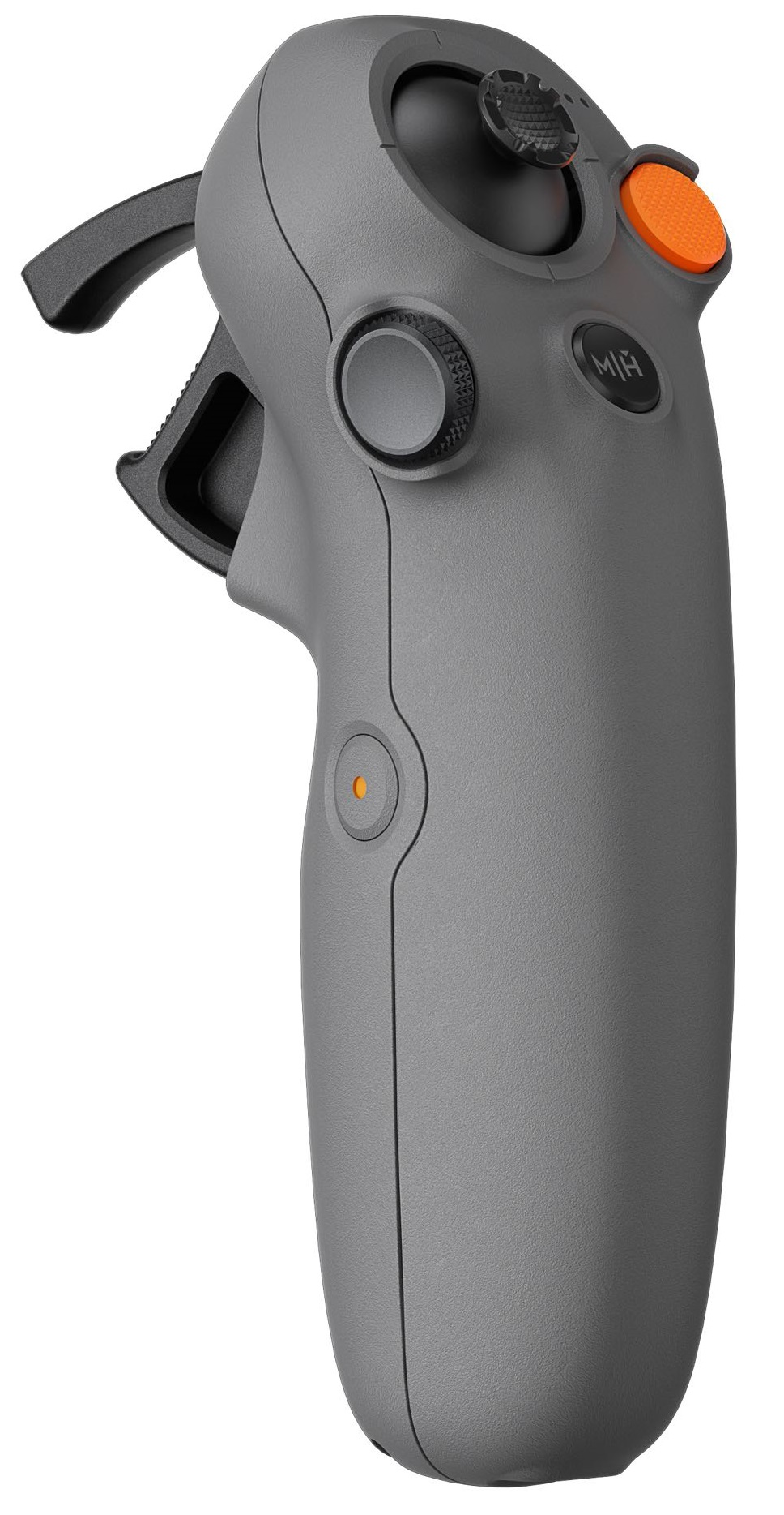 Szary kontroler z przyciskami i pomarańczowym akcentem, przeznaczony do urządzenia wirtualnej rzeczywistości.