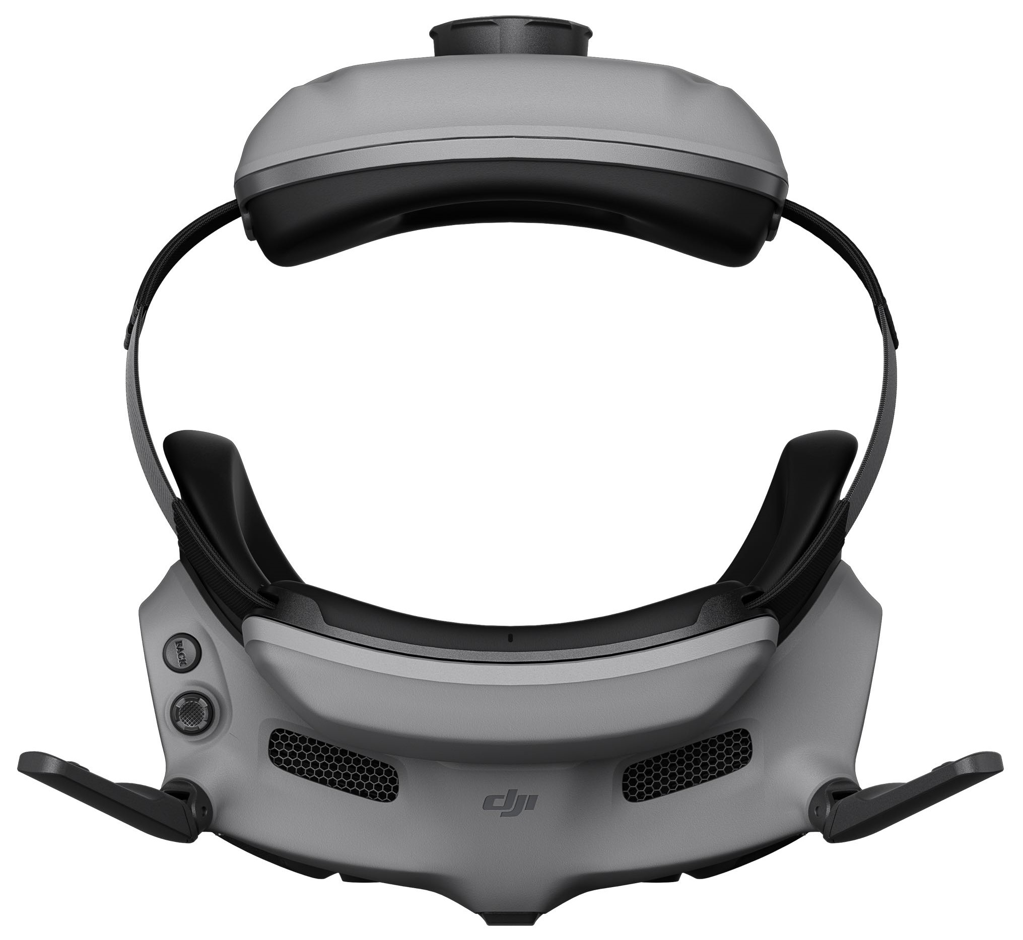 Zestaw słuchawkowy VR, szary i czarny. Widok z góry, pokazujący opaskę na głowę i soczewki.