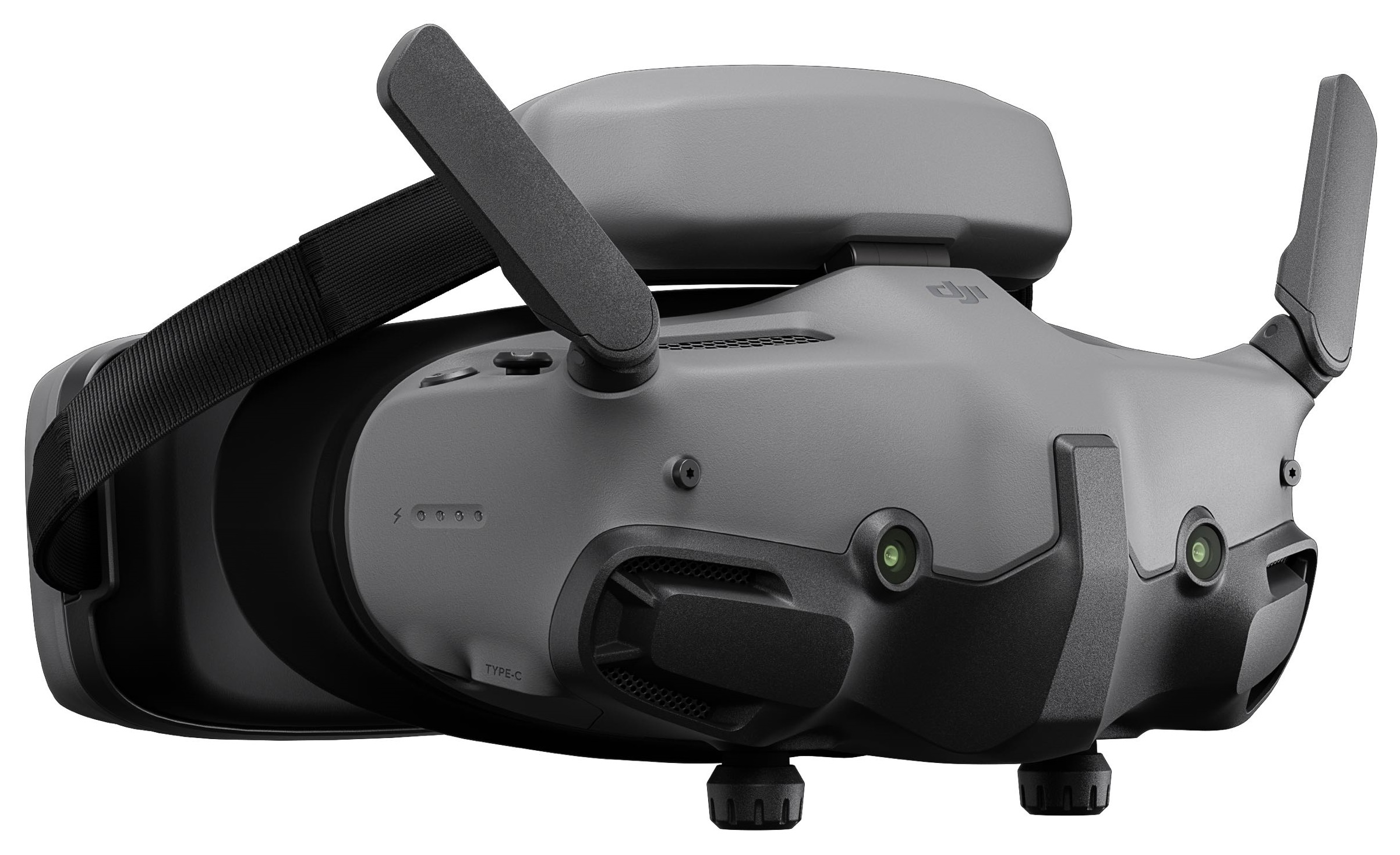 Szary zestaw słuchawkowy VR z czarnymi paskami i antenami, skierowany do przodu.