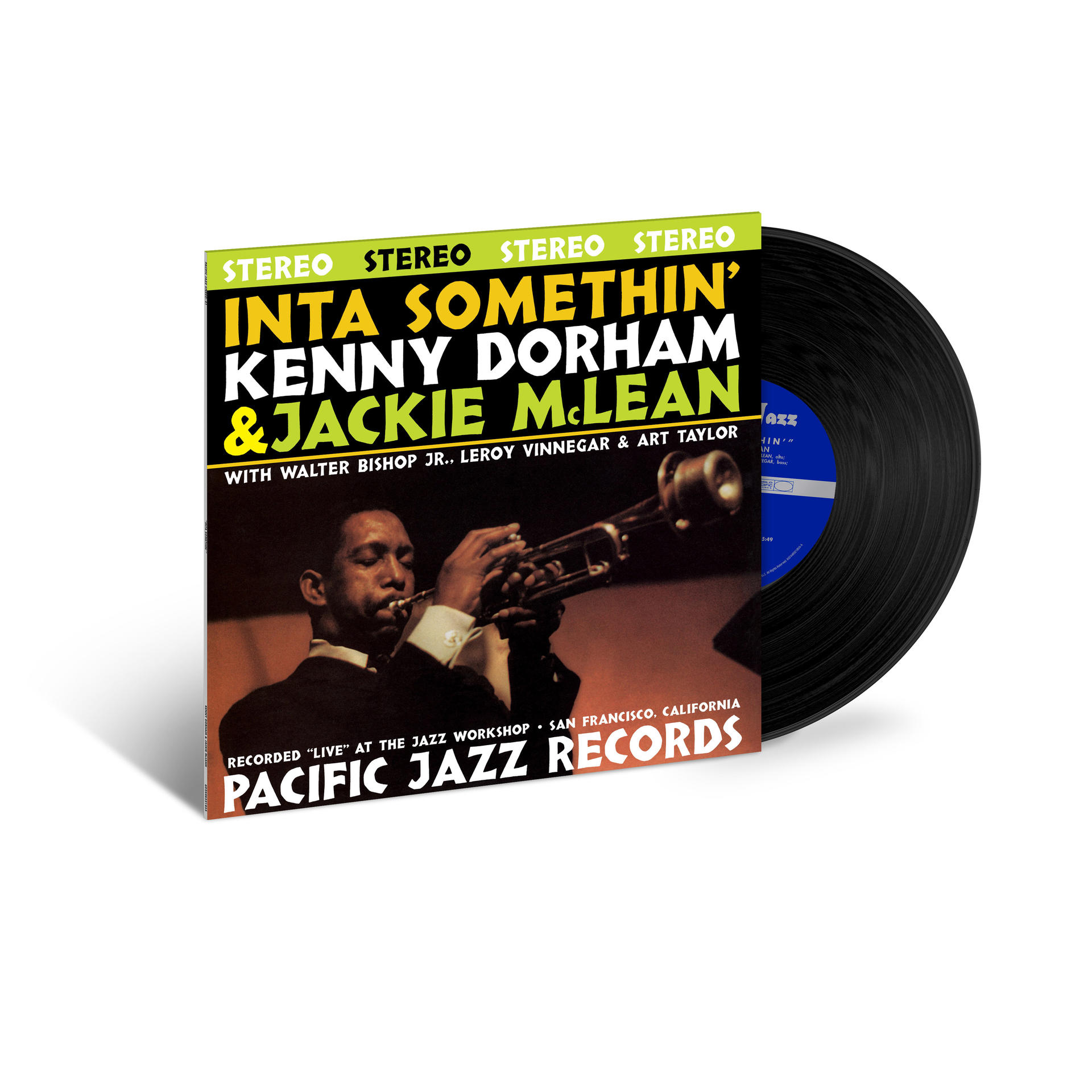 Egy bakelit lemez a borítójával. A borítón a következő felirat olvasható: 'IN TA SOMETHIN' KENNY DORHAM & JACKIE M.LEAN'.