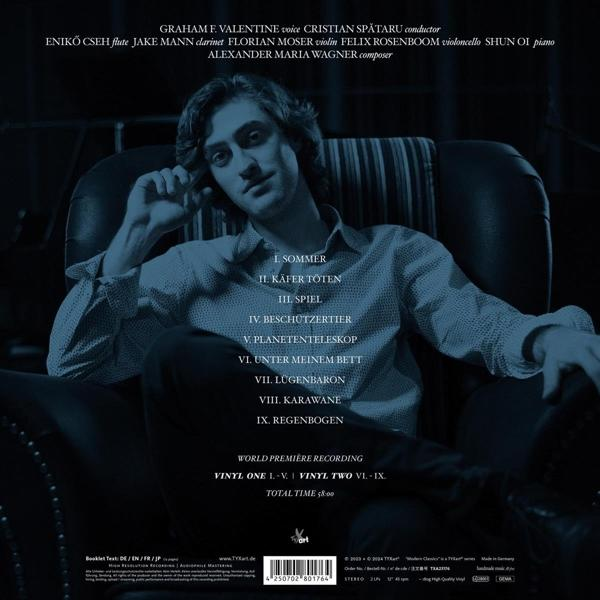 Rückseite eines Albums mit Text und einem Foto eines Mannes, der in einem Stuhl sitzt. Dunkelblauer Hintergrund.