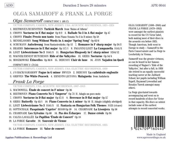 CD-Cover mit Titellisten für Olga Samaroff und Frank La Forge, mit Text.